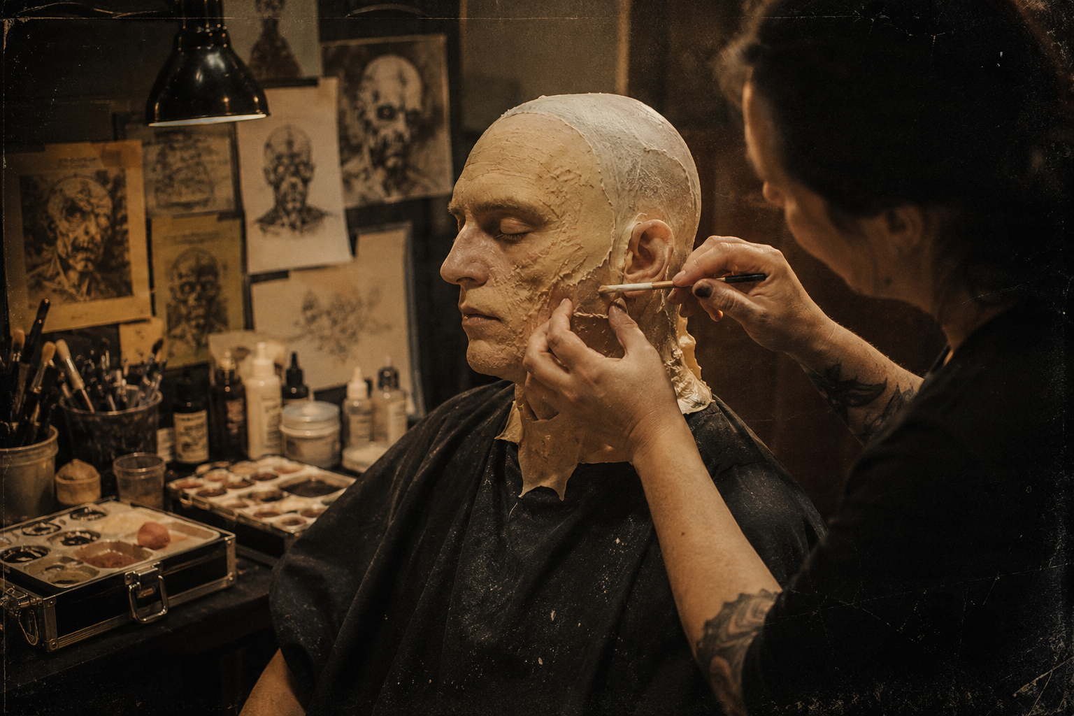 Practical effects in horror shown through on-set prosthetic makeup application