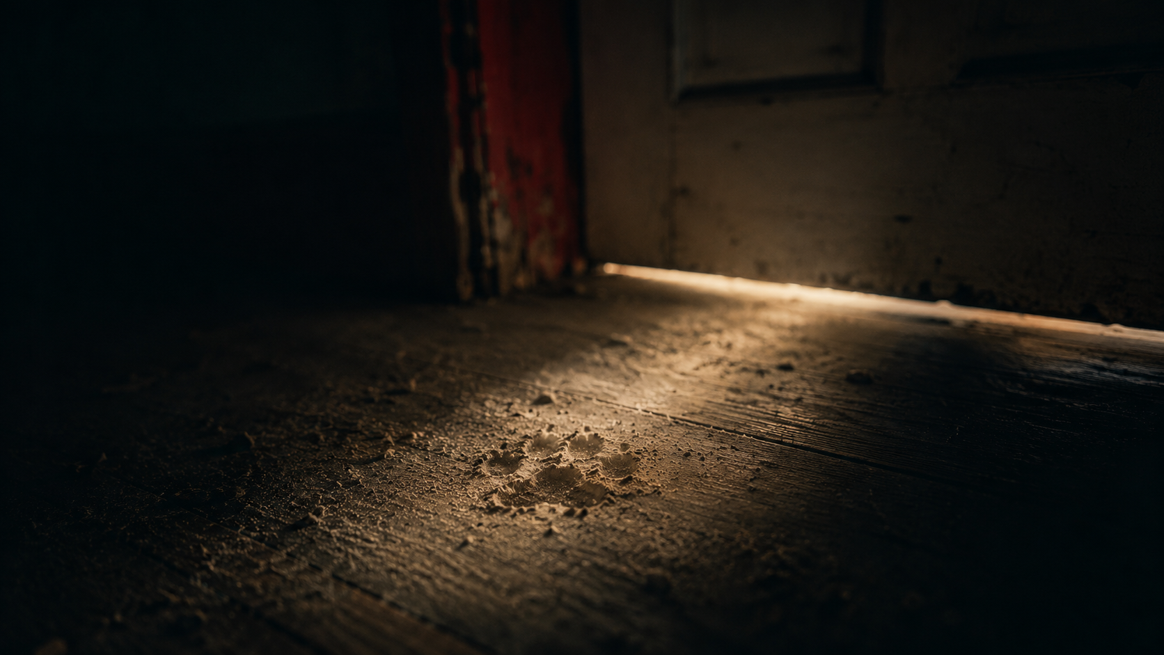 A faint paw print in dust on a dark wooden floor, illuminated by a narrow beam of warm light beneath a cracked door.