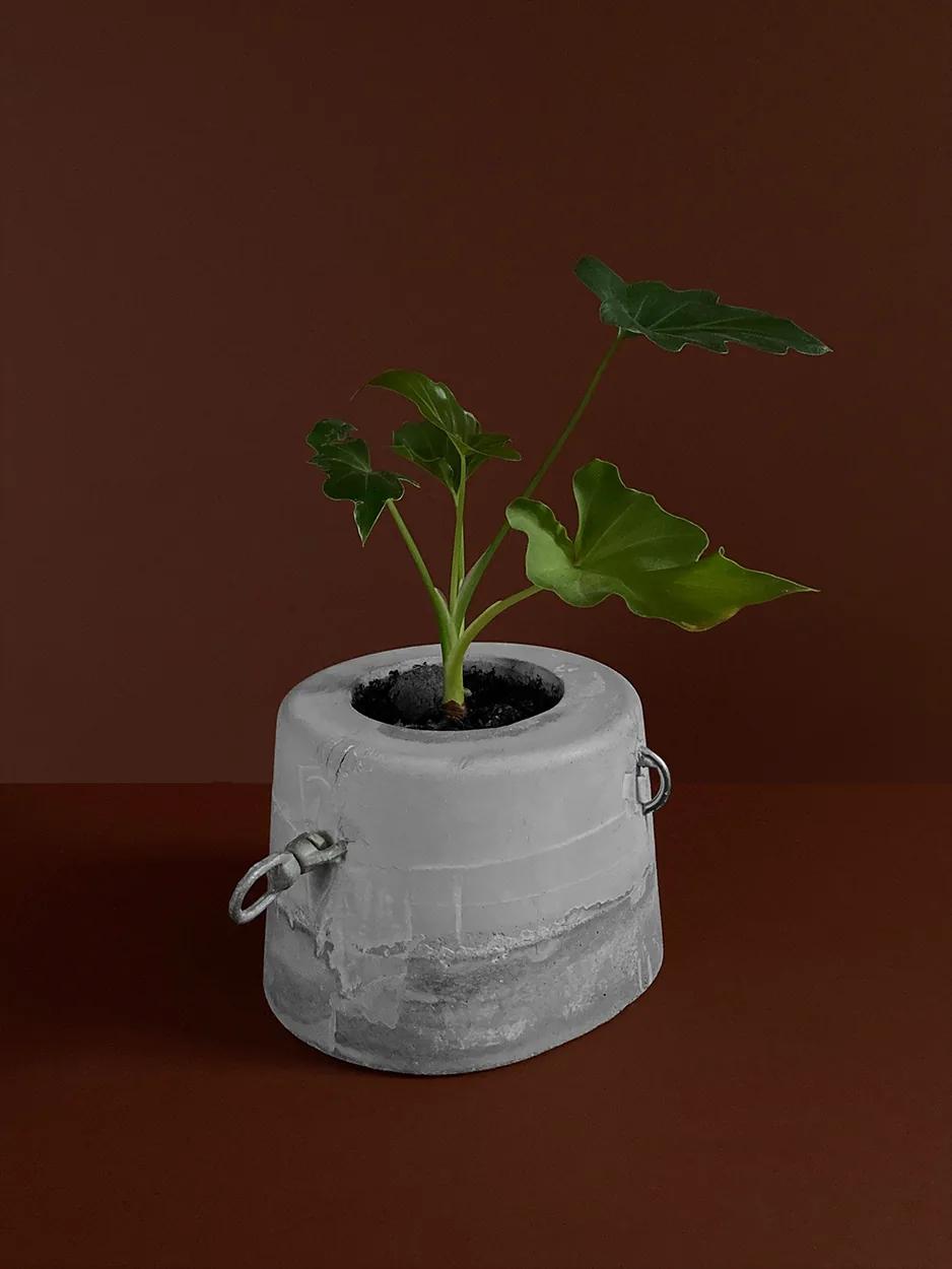 yet untitled — a bucket-shaped concrete planter with D-rings, planted, view 1 of 3