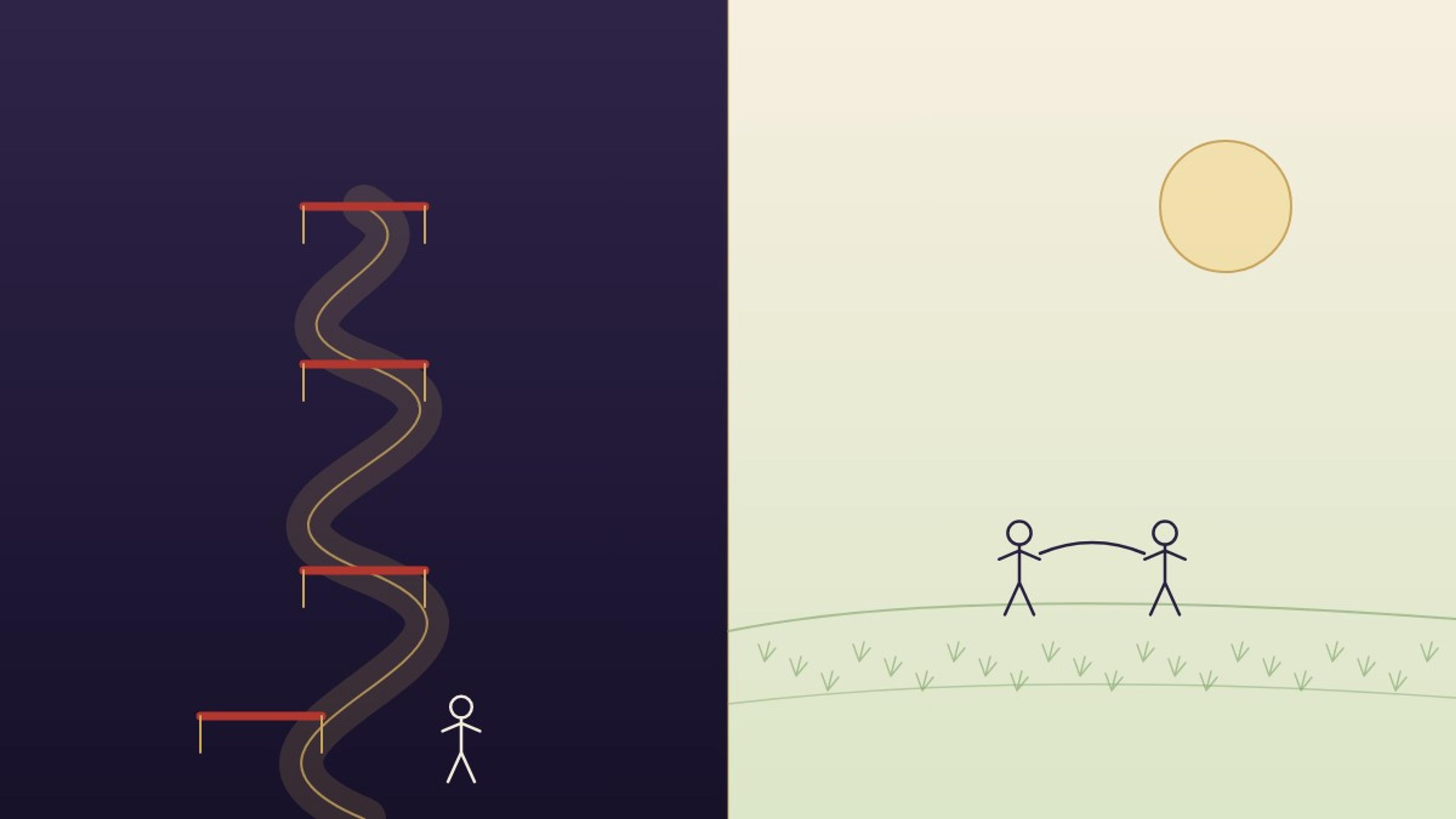 Split illustration of a traveler blocked by a winding road of tollbooth barriers on one side, and two people meeting freely in an open green space on the other