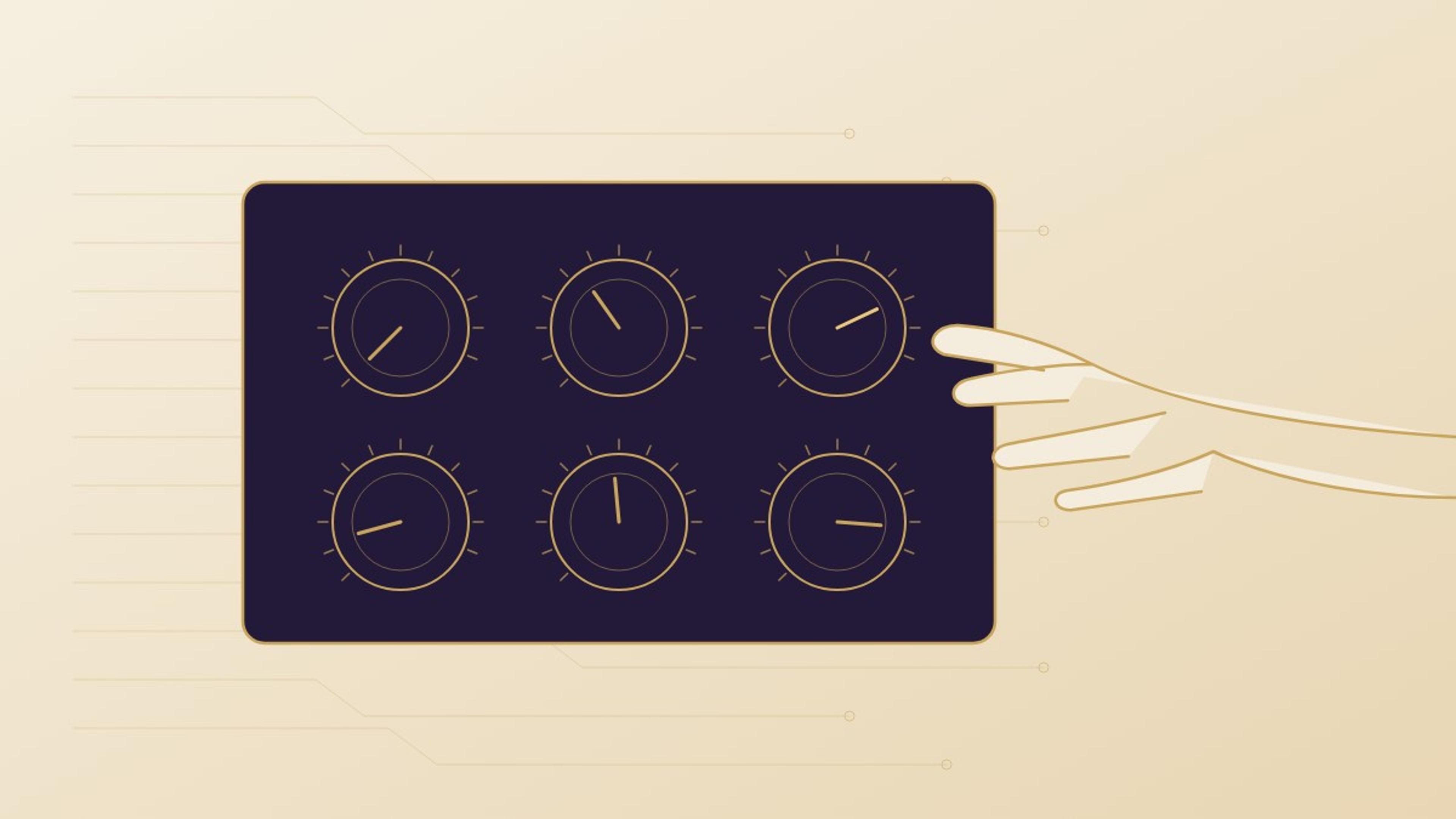 Illustration of a hand configuring dials on a circuit-covered dial pad, representing the programmable design choices behind a stablecoin