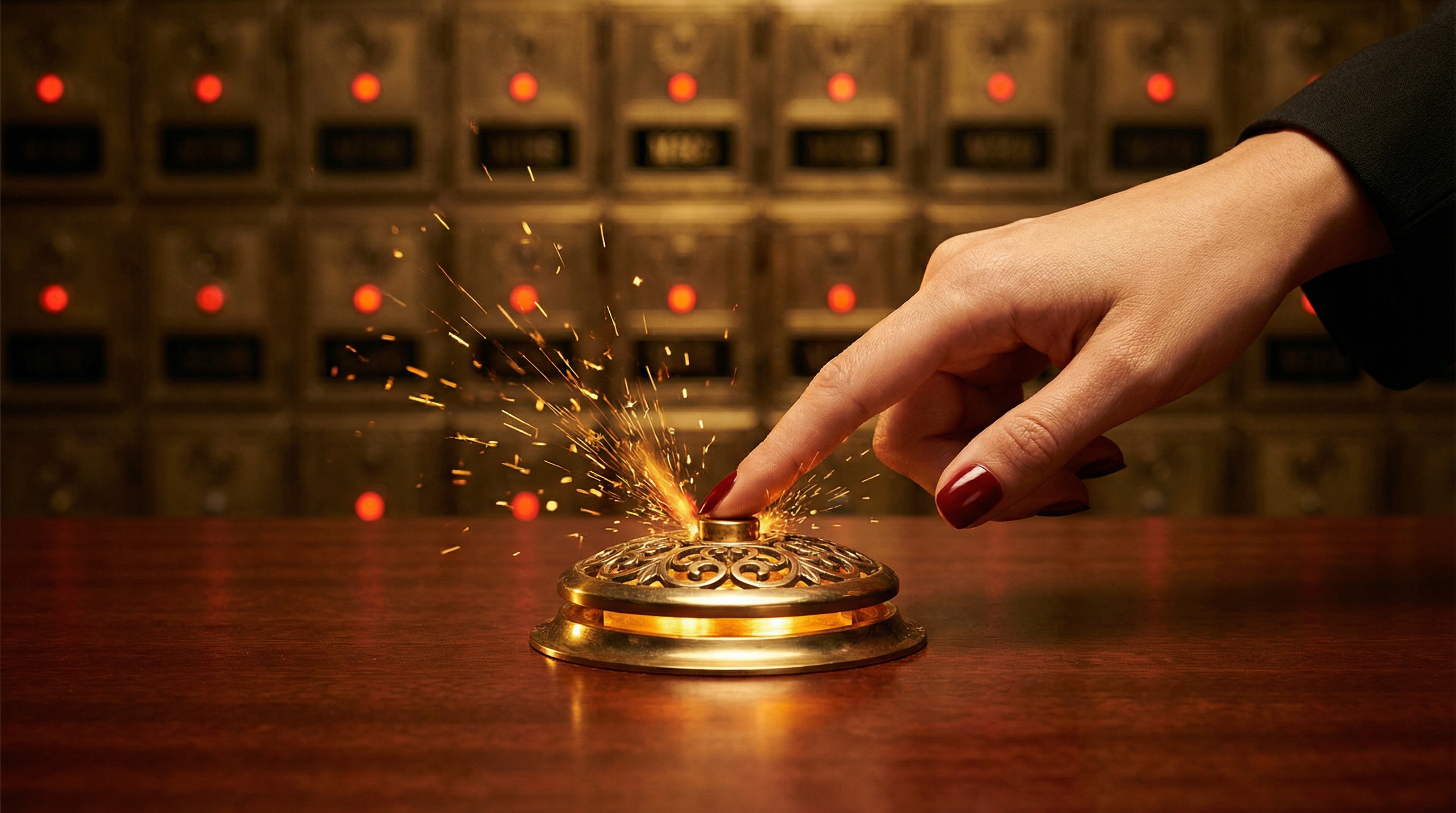 Finger pressing brass bell with sparks flying