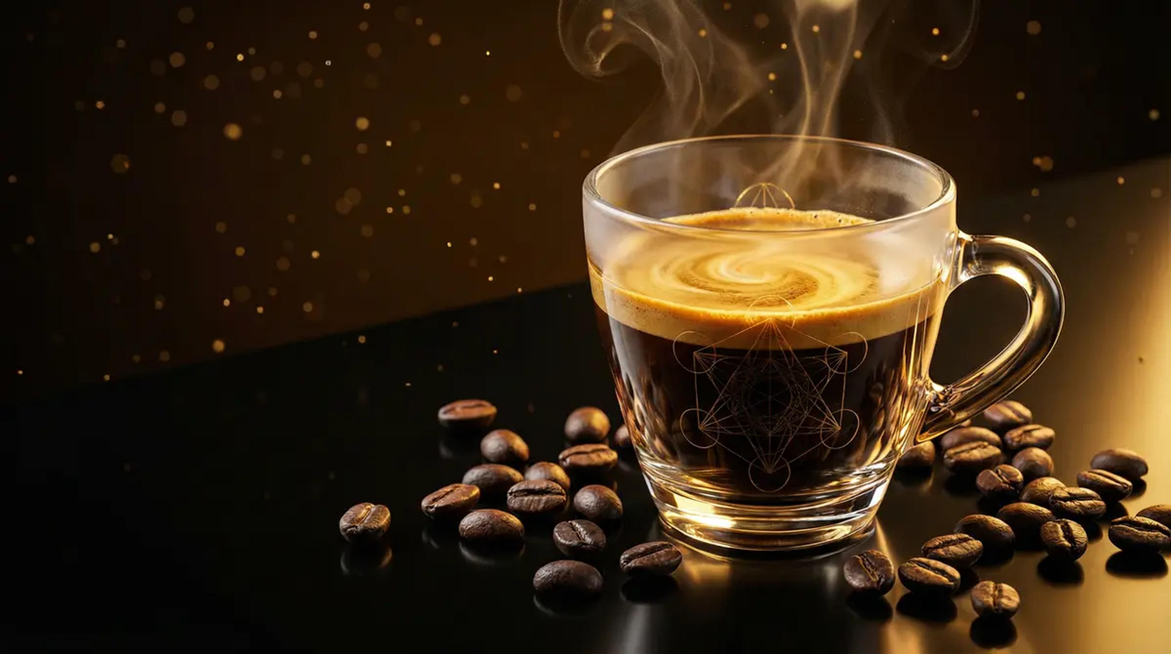 Steaming glass cup of coffee surrounded by coffee beans