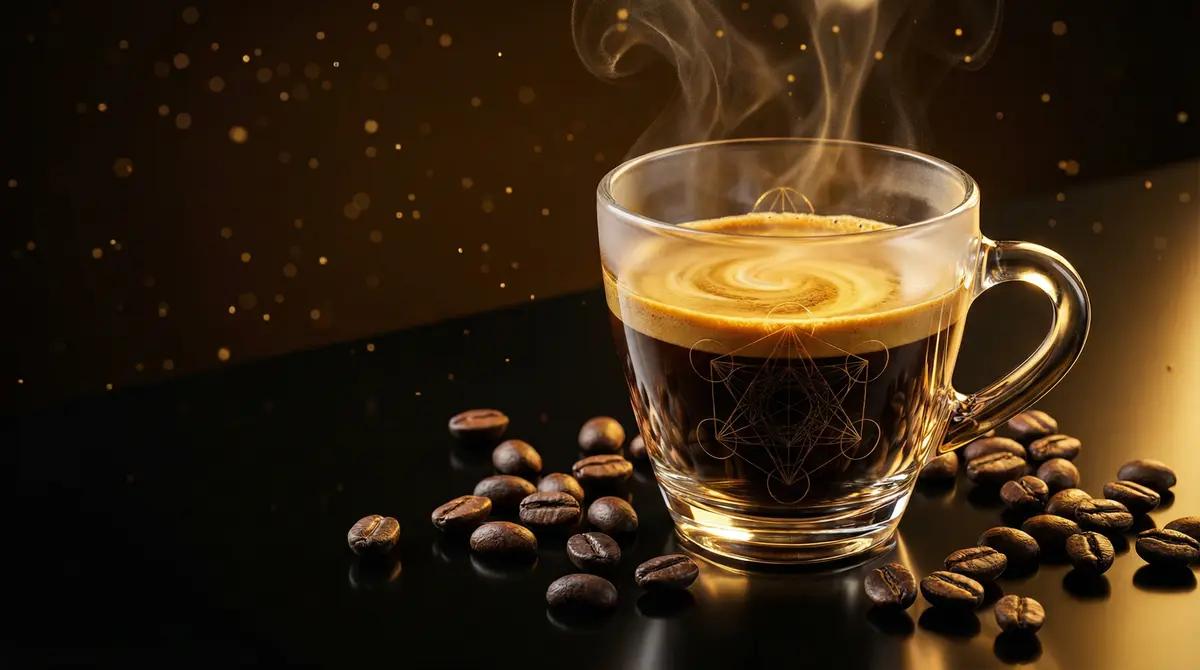 Steaming glass cup of coffee surrounded by coffee beans