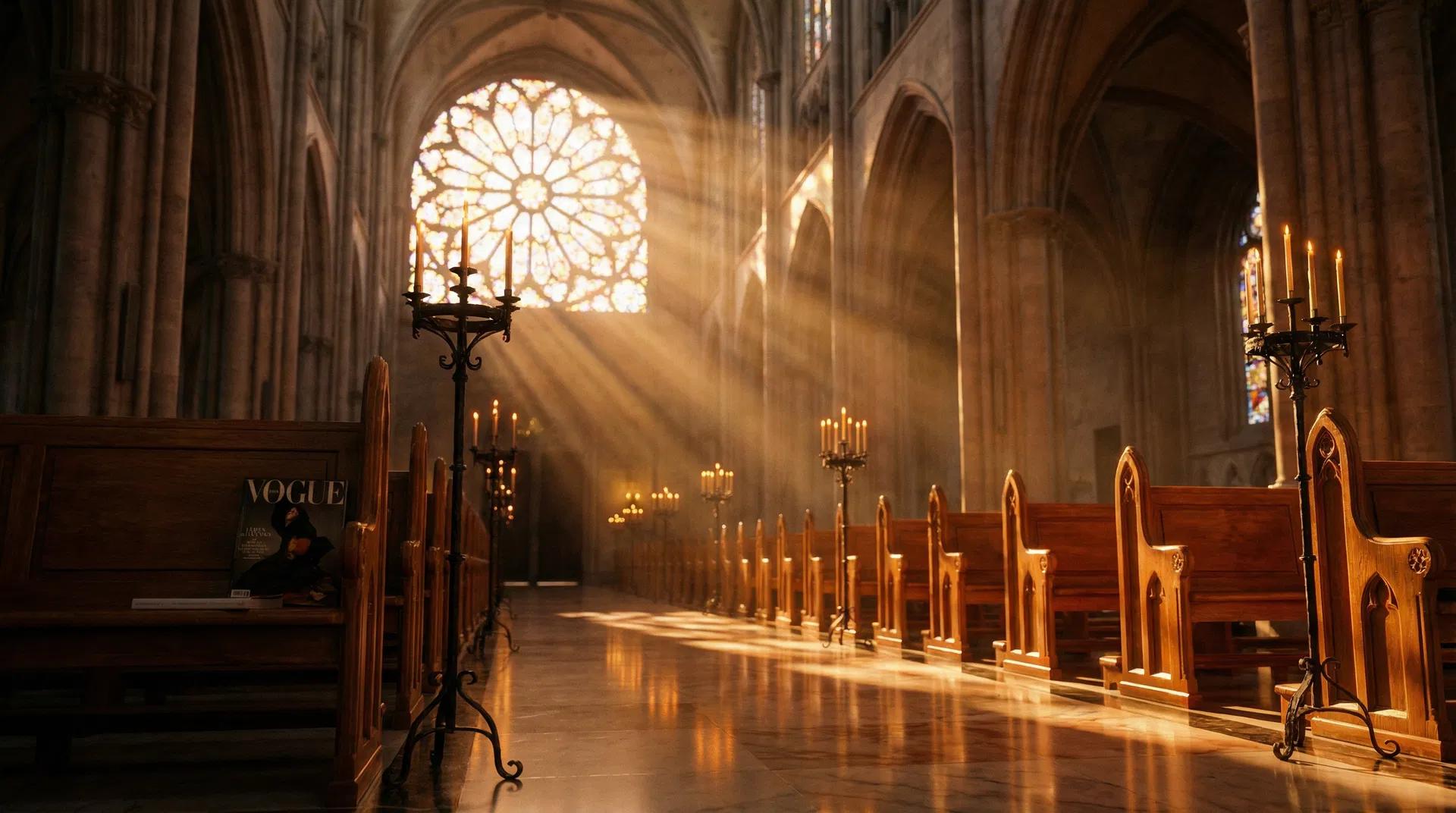 Sacred cathedral interior with golden light