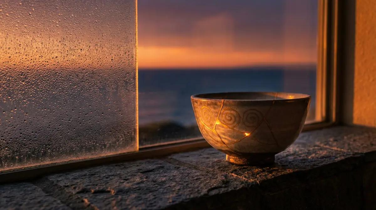 Kintsugi bowl mended with gold, on a windowsill at sunset