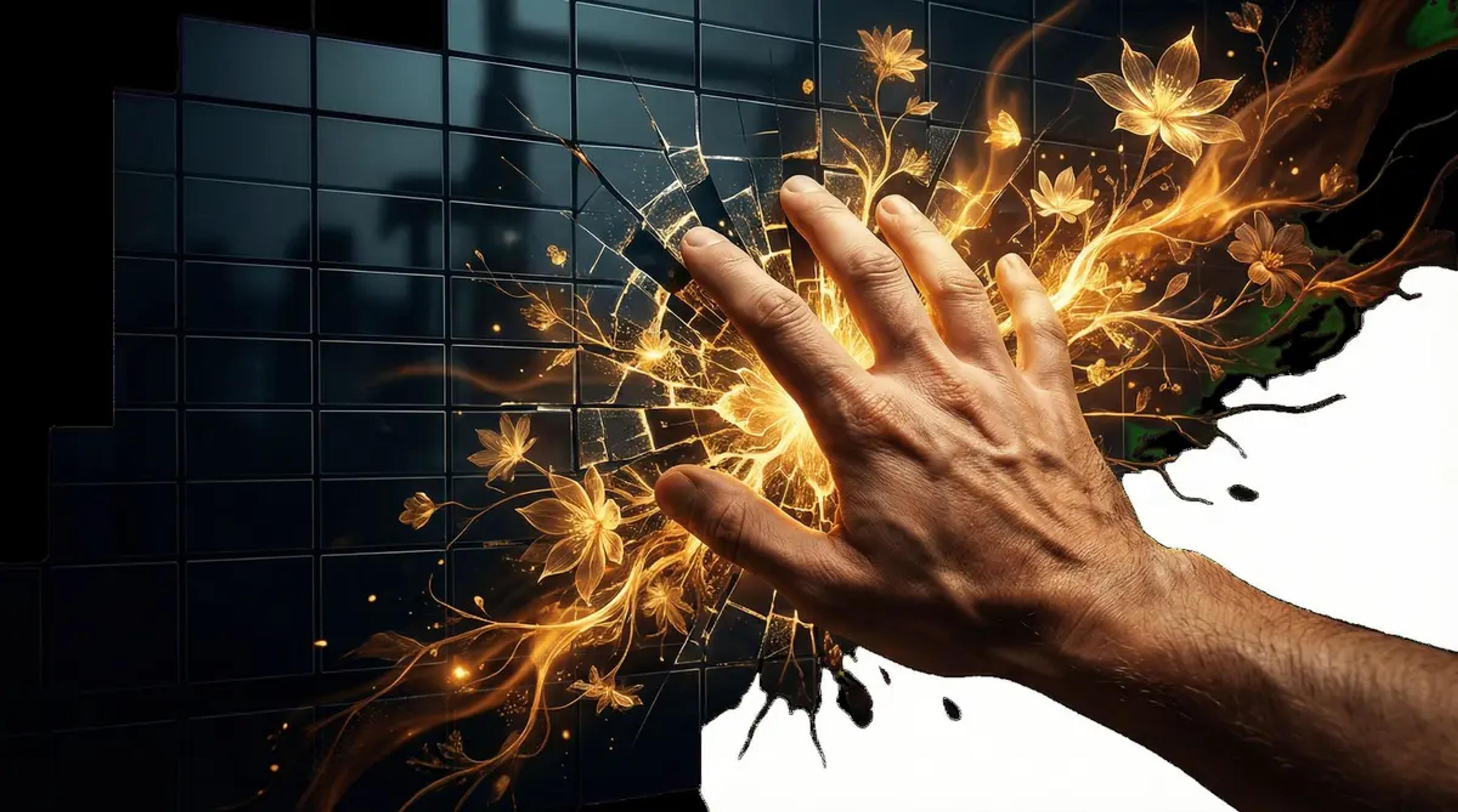 Hand breaking through glass with golden flowers