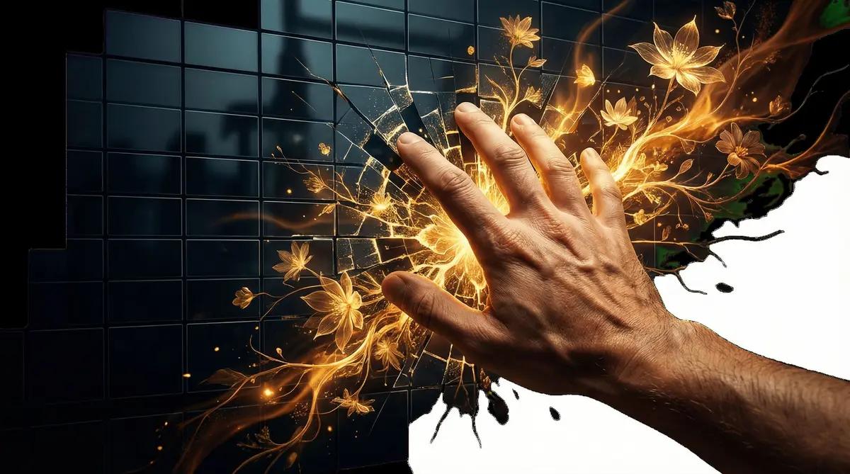 Hand breaking through glass with golden flowers