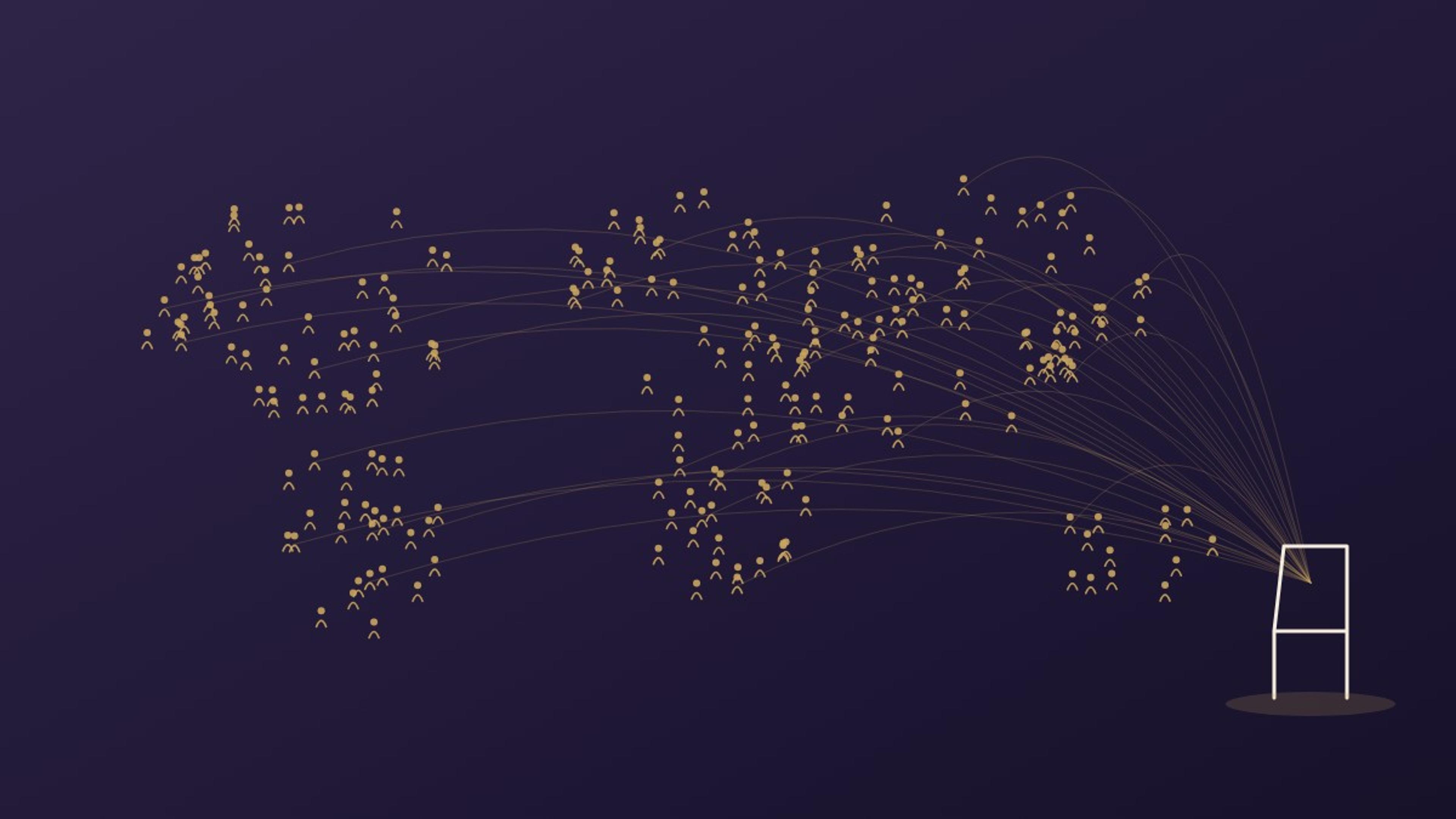 World map made of human figures connecting to a single empty chair, representing the 1.3 billion adults excluded from the formal financial system
