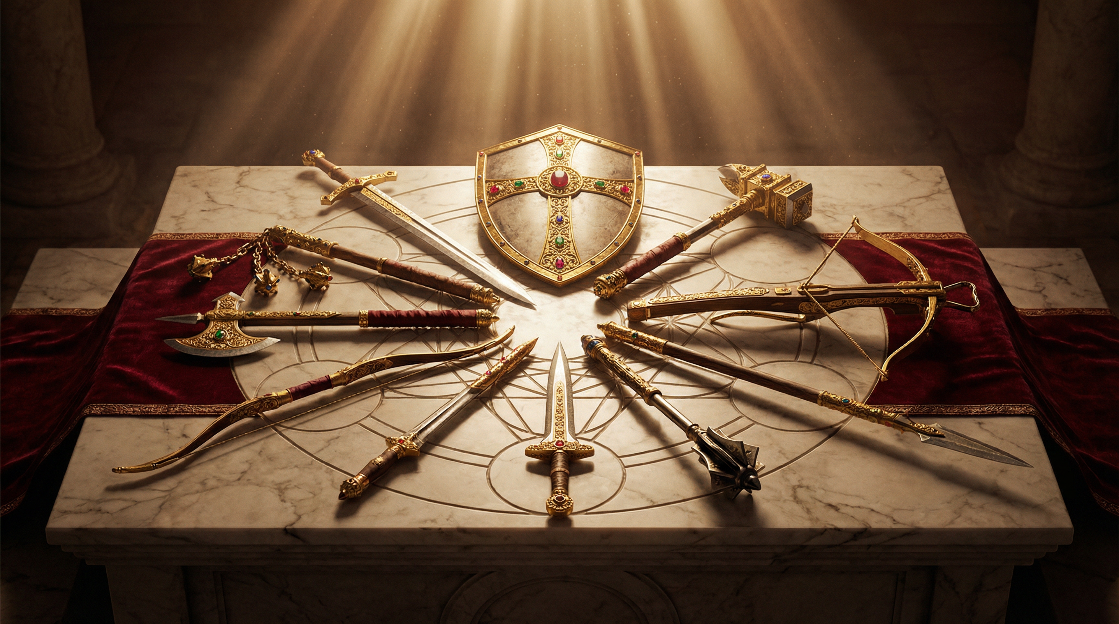 Gilded weapons arsenal on marble table