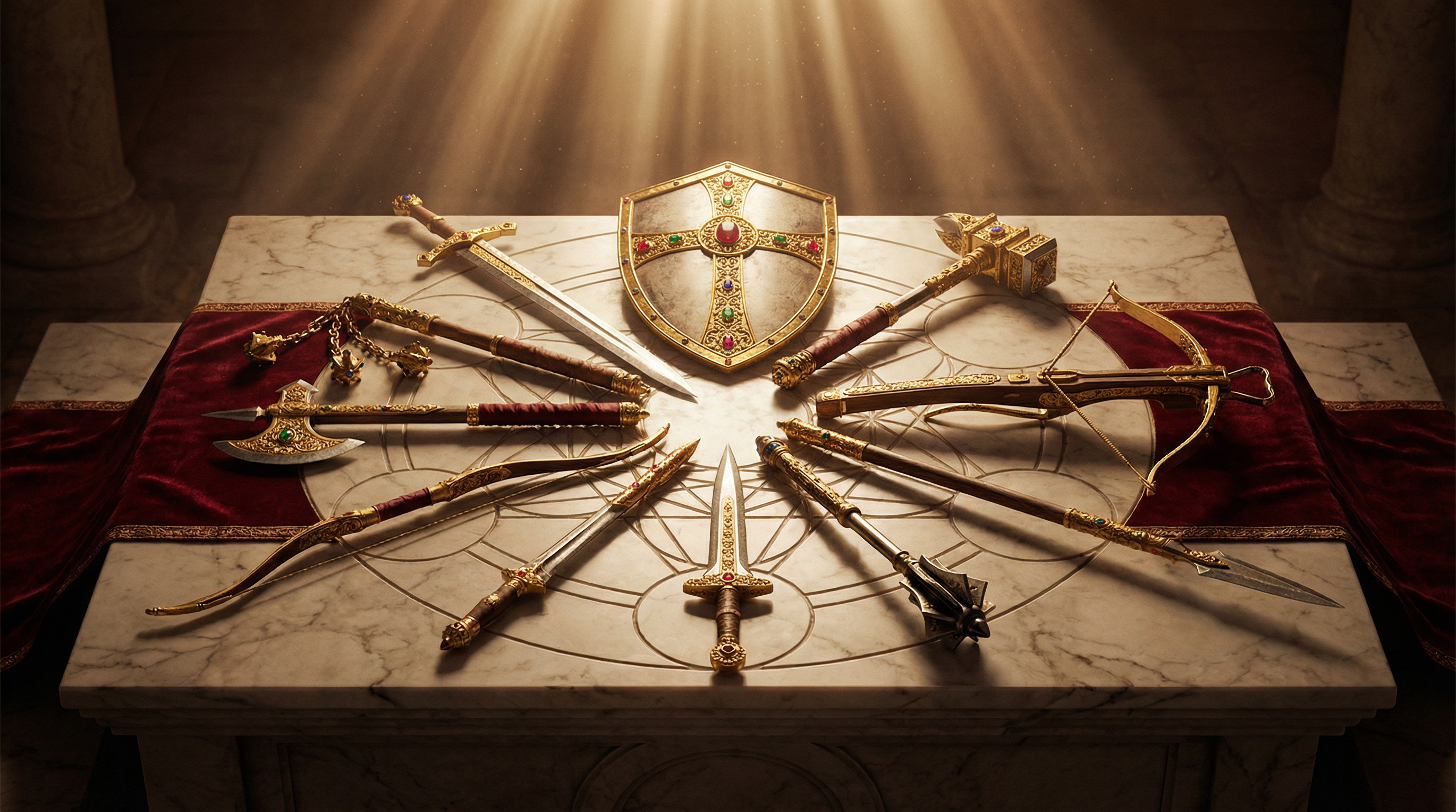 Gilded weapons arsenal on marble table