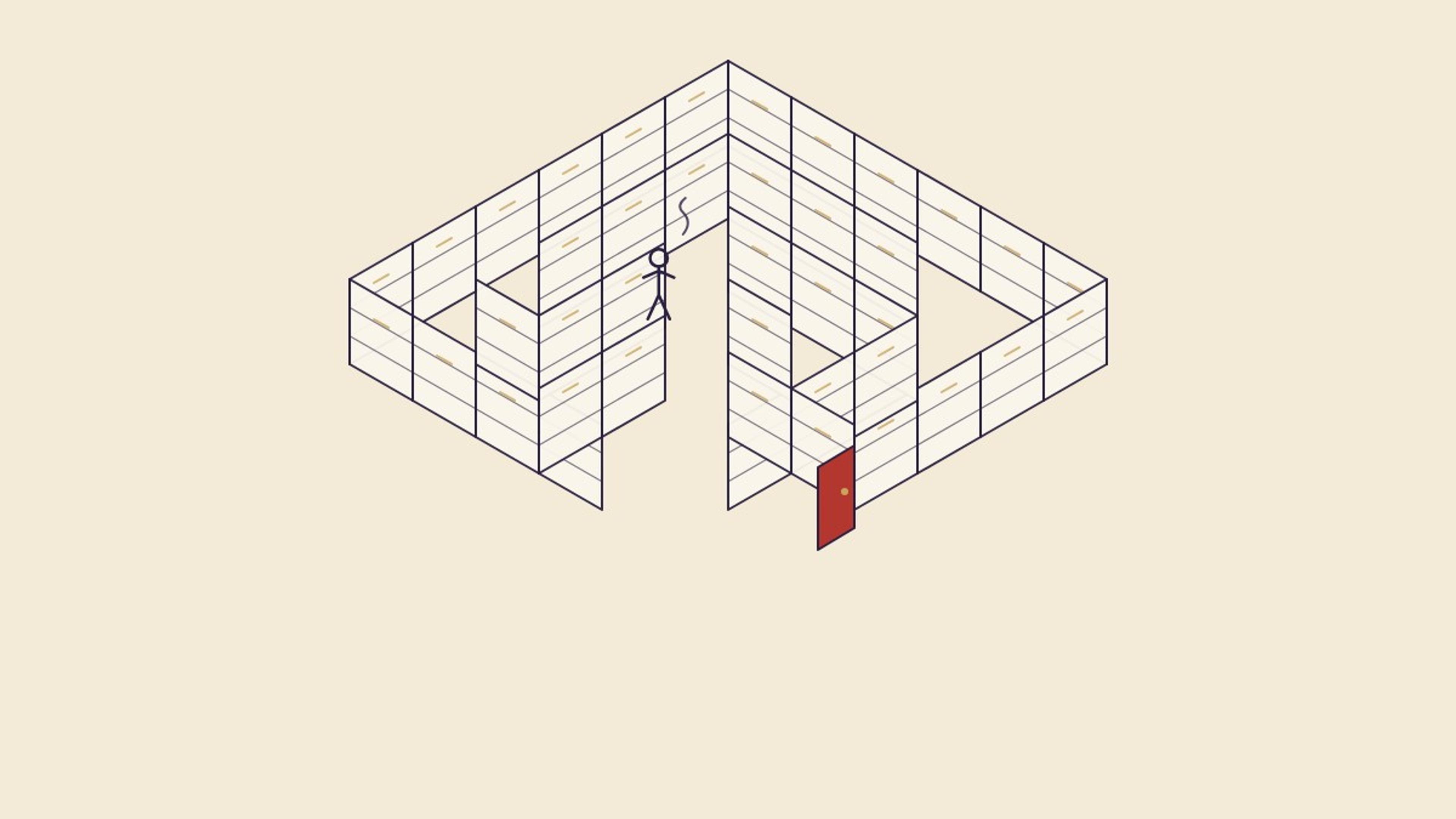 Isometric illustration of a person lost in a maze of filing cabinets with a single red door, representing opaque de-risking decisions with no appeal
