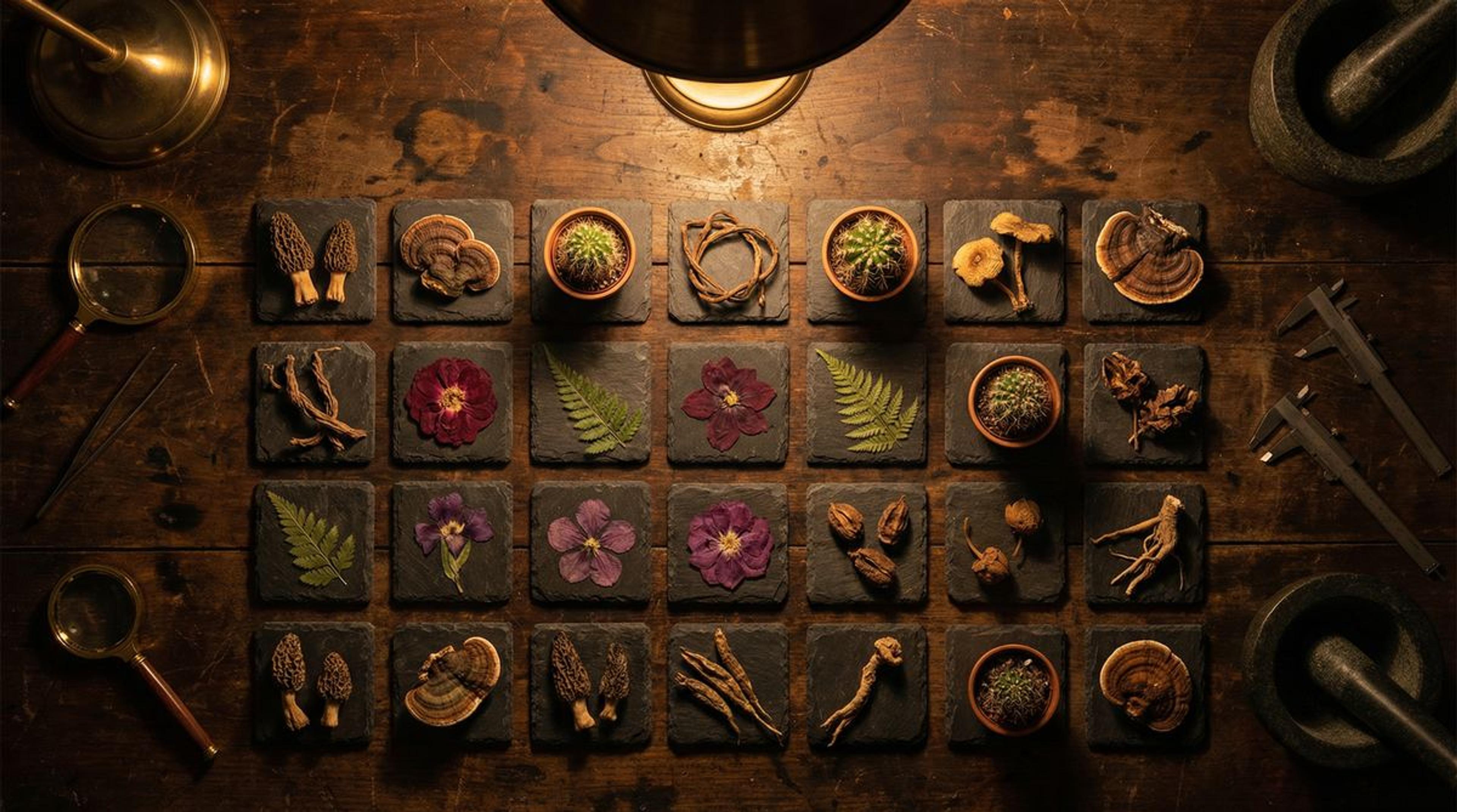 39 sacred plant medicines arranged on stone tiles