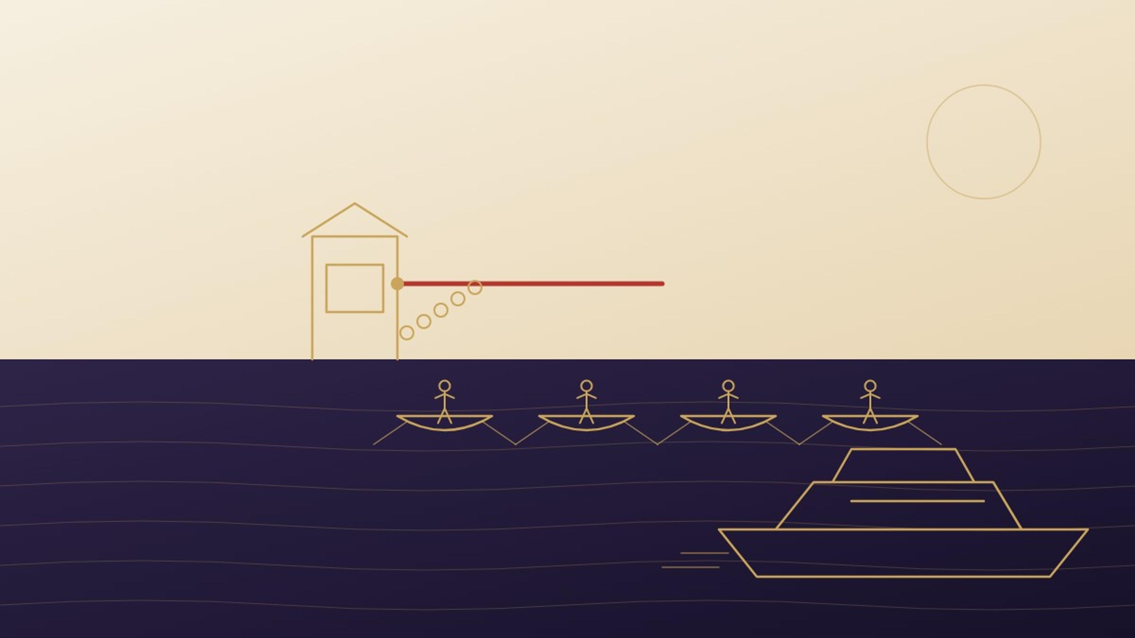 Illustration of a tollbooth operator collecting coins from rowboats while superyachts pass freely through, representing unequal access to payment rails