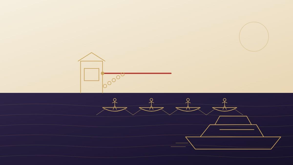 Illustration of a tollbooth operator collecting coins from rowboats while superyachts pass freely through, representing unequal access to payment rails