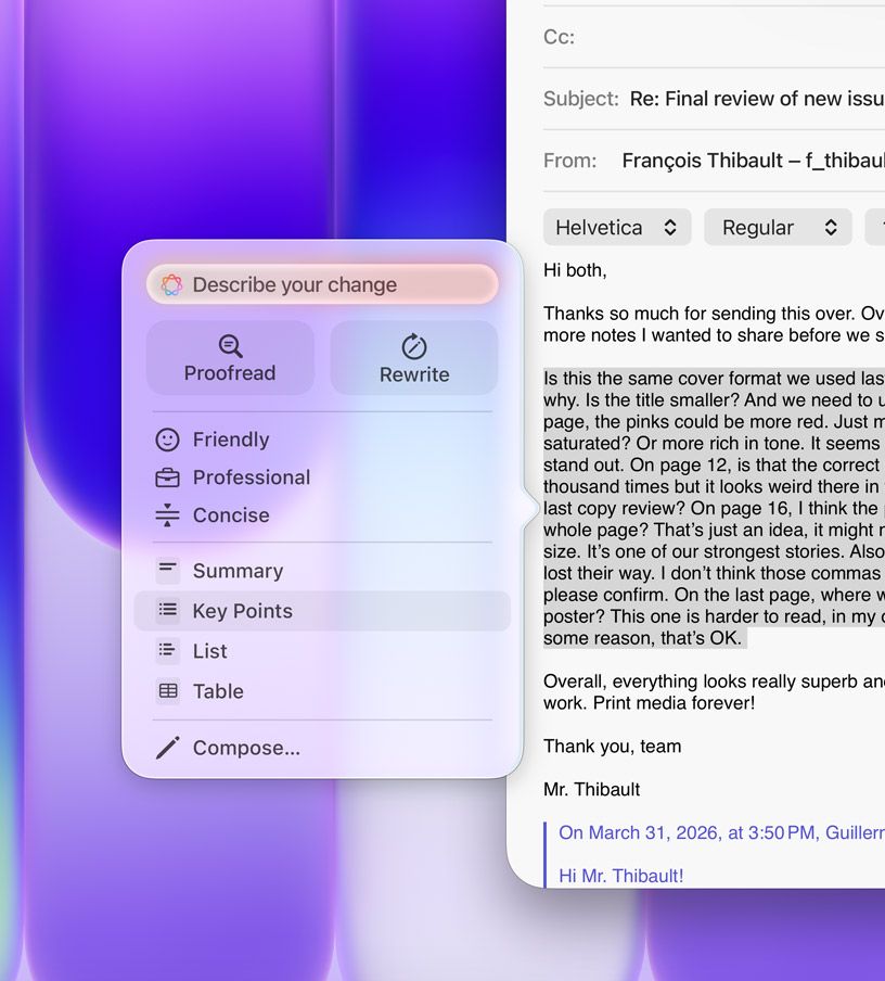 Outils d’écriture en cours d’utilisation, avec mise en surbrillance d’un long paragraphe de texte au sein d’un e-mail, le menu Outils d’écriture montre l’option Points clés sélectionnée, avec l’icône d’une liste à puces