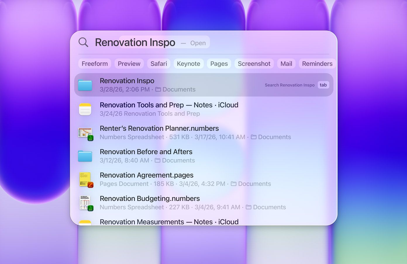 Spotlight en cours d’utilisation, la requête de recherche, idées de rénovation, a renvoyé divers dossiers et documents liés à la rénovation