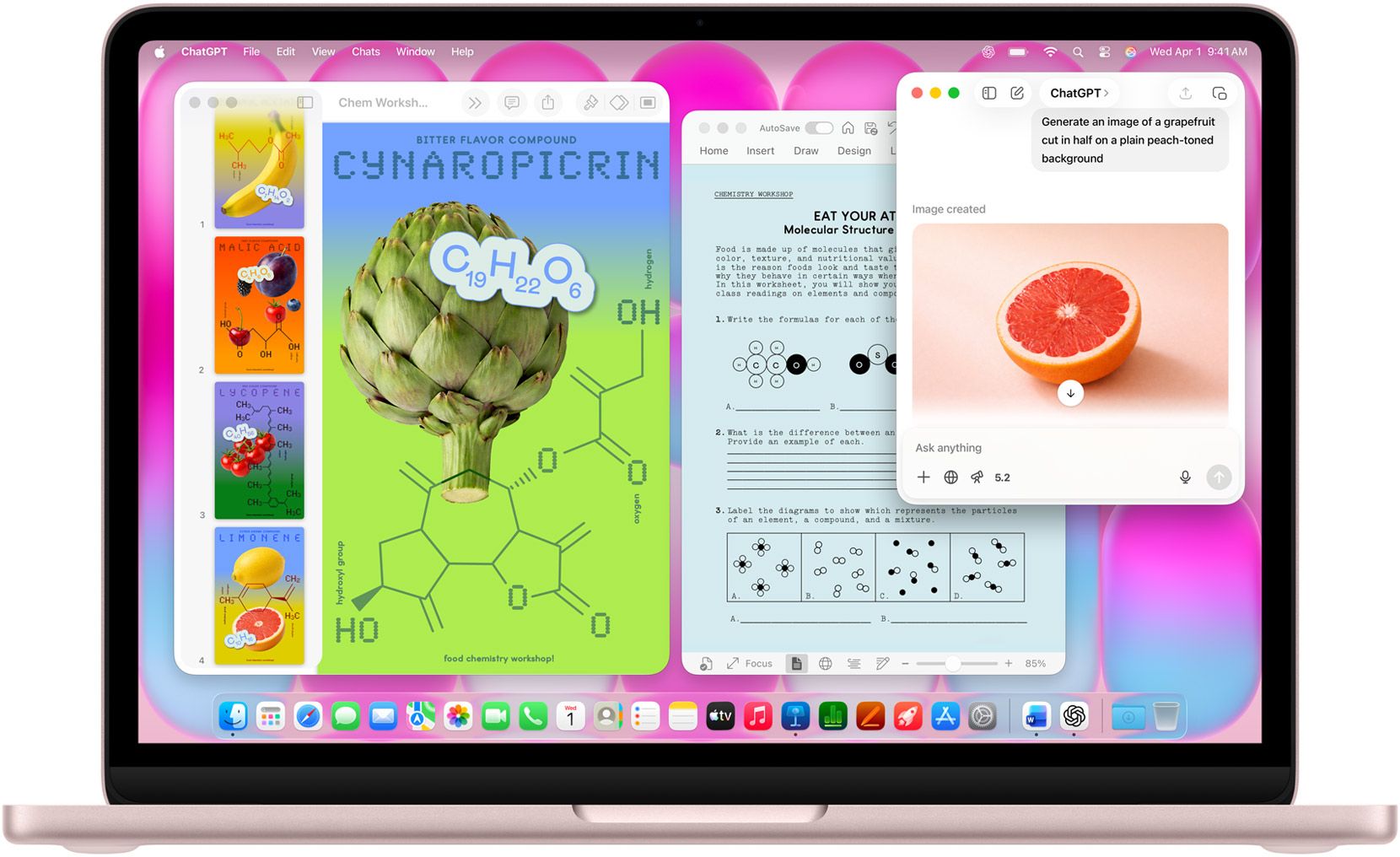 MacBook Neo, couleur rose poudré, utilisation de ChatGPT pour générer une image de pamplemousse, d’autres fenêtres contiennent un document Keynote intitulé posters de molécules avec des images de fruits et légumes et de composés moléculaires associés, et un document Microsoft Word sur le même sujet