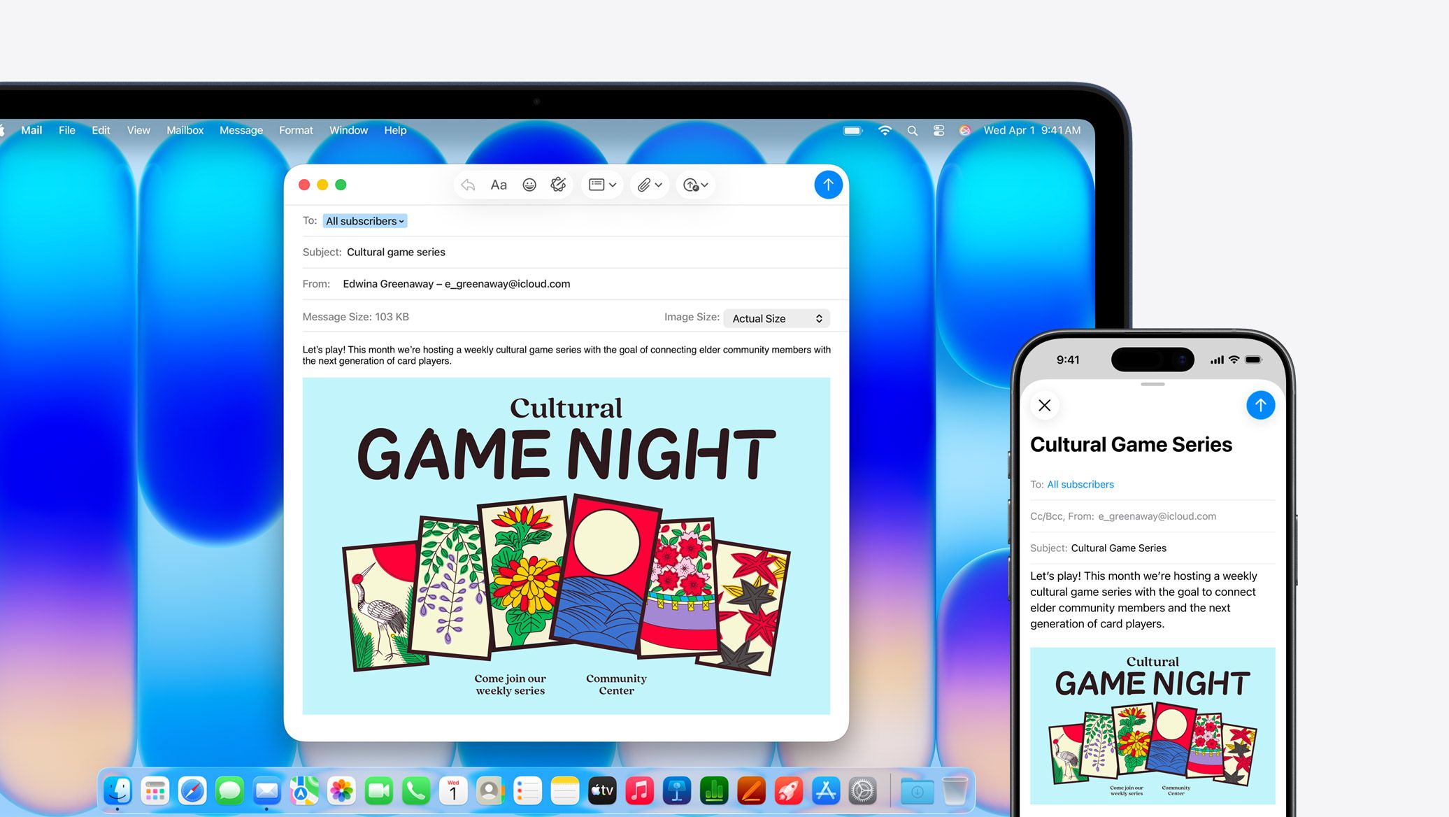 MacBook Neo, couleur indigo, à côté d’un iPhone, les deux écrans affichent le même e-mail annonçant un évènement dans un centre communautaire