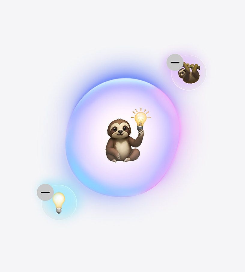 Fonctionnalité Genmoji en cours d’utilisation, emoji d’un paresseux tenant une ampoule, entouré d’un emoji de paresseux plus petit et d’un emoji d’ampoule