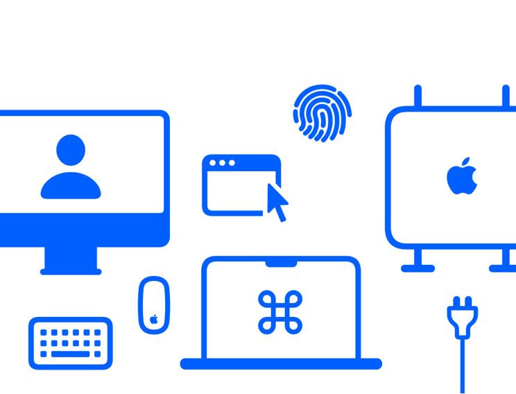 Appareils et fonctionnalités Apple, câble de charge, ordinateur portable et ordinateur de bureau Mac, clavier, souris, écran, fenêtre macOS, Touch ID