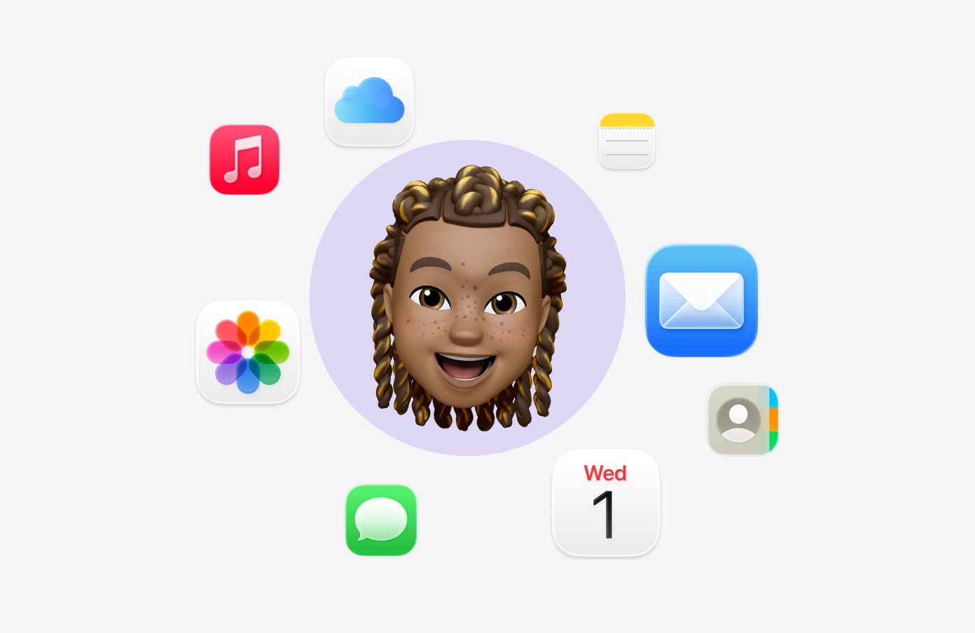 Emoji de visage souriant entouré de différentes icônes d’apps : Musique, iCloud Drive, Notes, Mail, Contacts, Calendrier, Messages et Photos