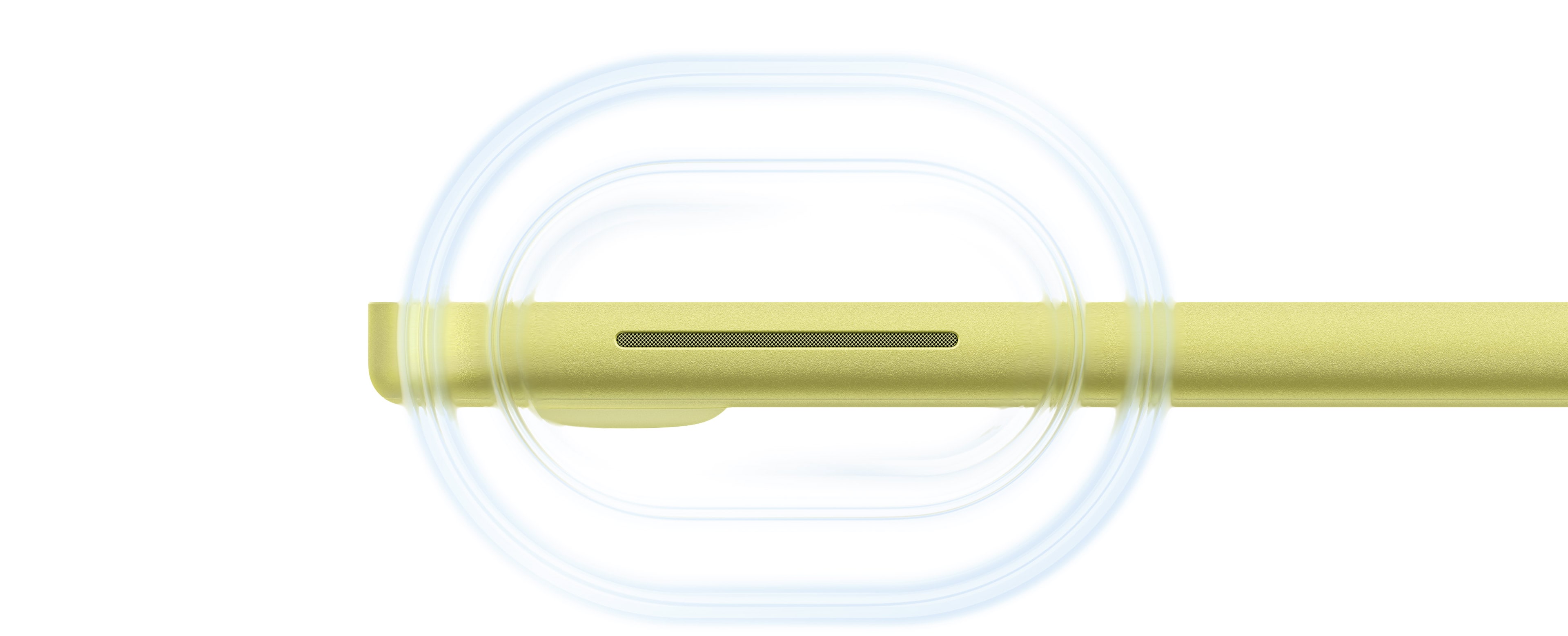 MacBook Neo, couleur jaune agrume, ouvert, ondes sonores partant du haut-parleur situé du côté droit de l’ordinateur et allant vers l’avant