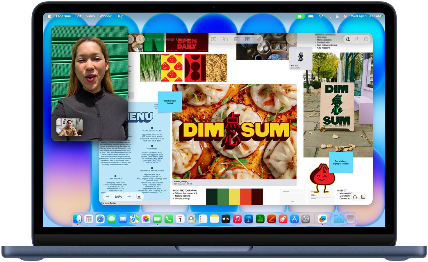 MacBook Neo, couleur indigo, appel vidéo en cours, fenêtre Freeform avec un menu, photographies de plats et illustrations pour un restaurant de dim sum