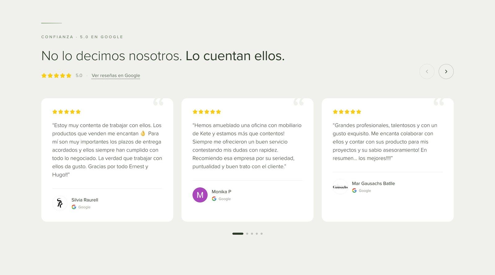 Reseñas de clientes de Kete en Google, valoración 5,0 sobre 5