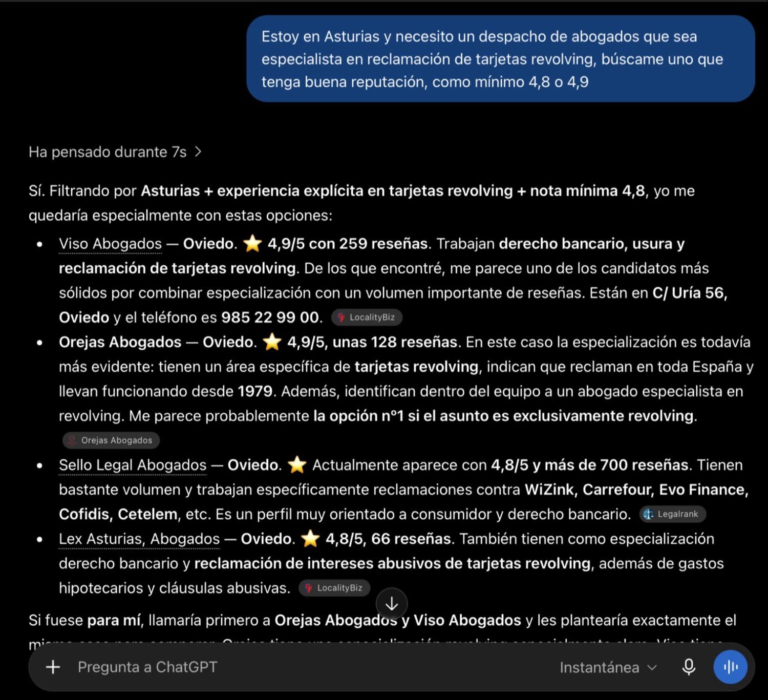 ChatGPT recomienda a Orejas Abogados para reclamación de tarjetas revolving en Asturias