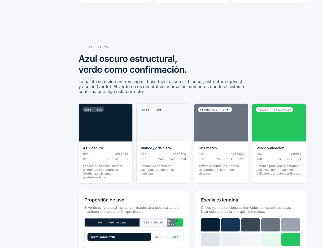 Paleta de color del manual de Veribox con valores HEX y RGB
