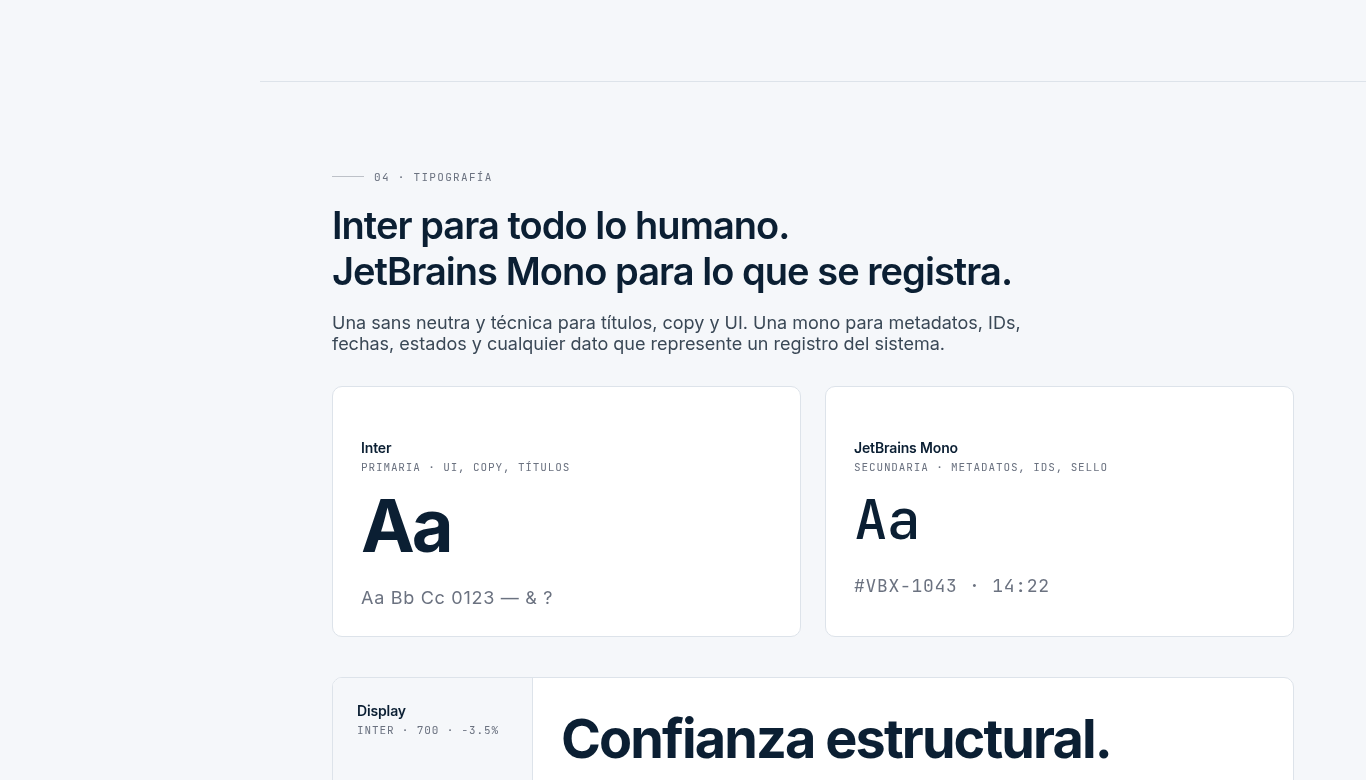 Sistema tipográfico de Veribox: Inter y JetBrains Mono