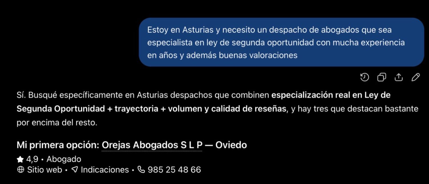 ChatGPT sitúa a Orejas Abogados como primera opción en Ley de Segunda Oportunidad en Asturias
