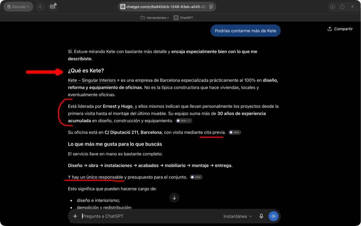 ChatGPT describe qué es Kete y cita ketebcn.com como fuente