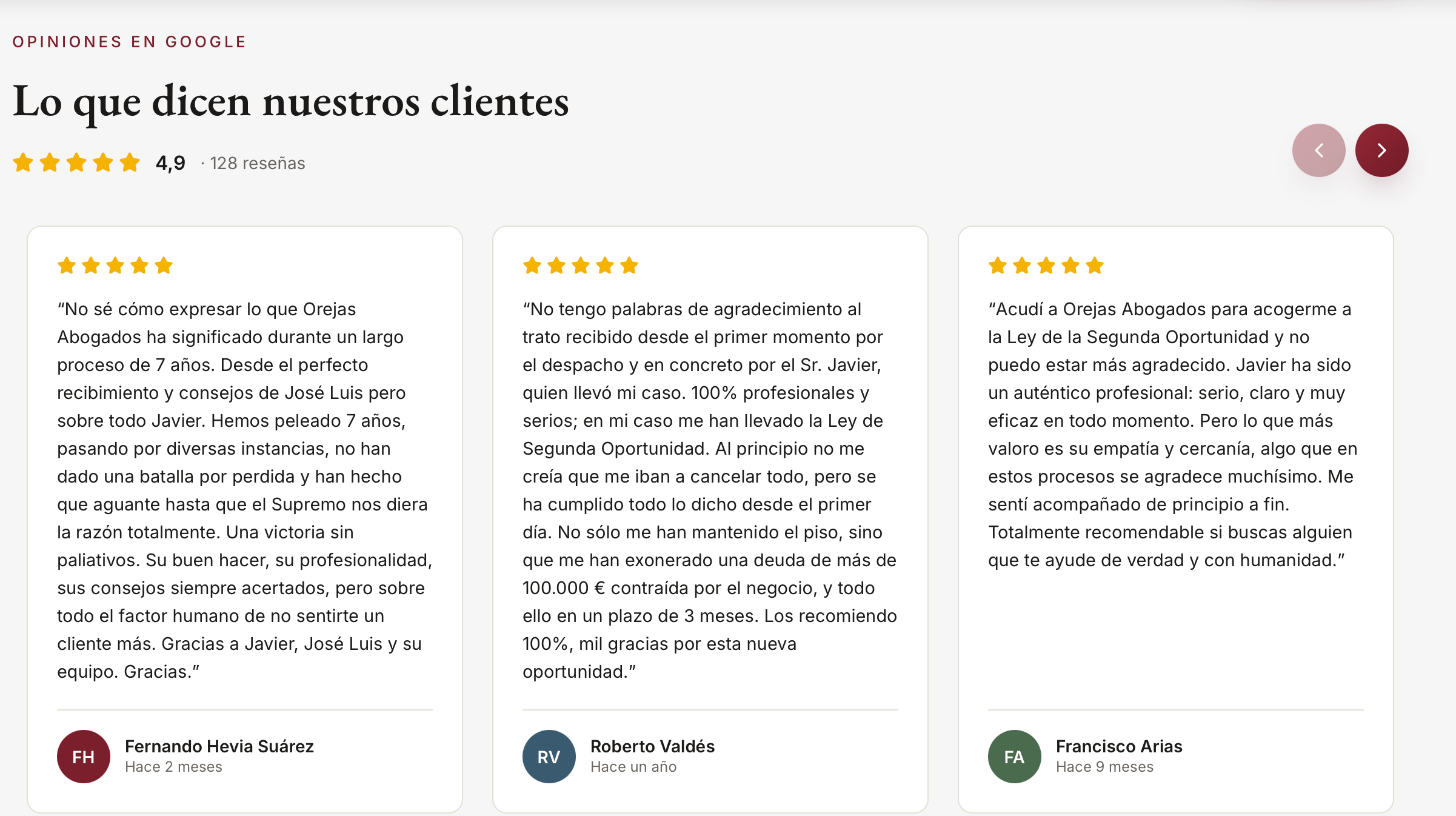 Opiniones en Google de Orejas Abogados: 4,9 sobre 5 con 128 reseñas
