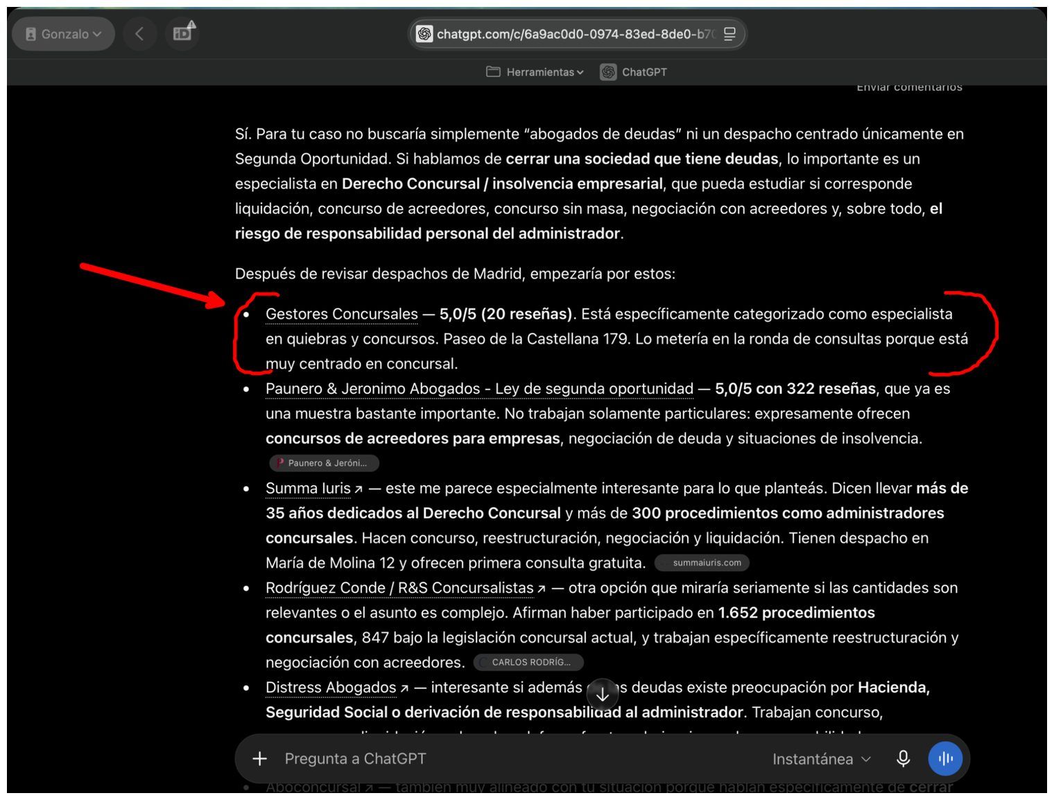 ChatGPT recomienda Gestores Concursales como primera opción para concurso de acreedores en Madrid