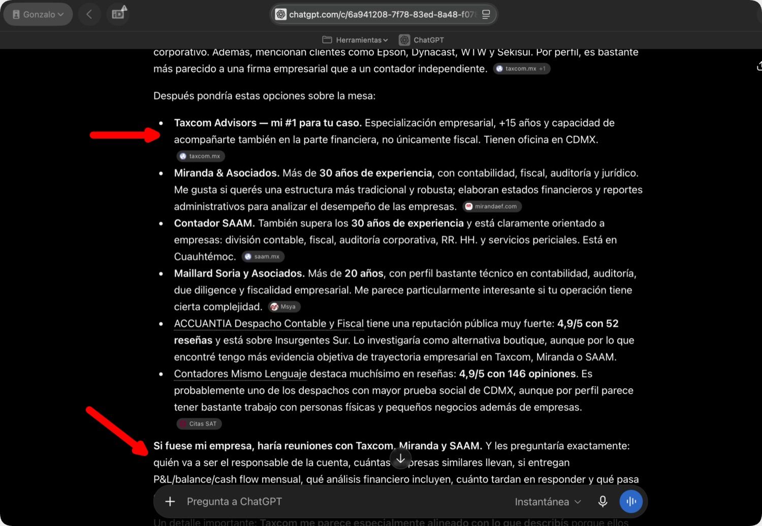 ChatGPT lista a Taxcom Advisors como su número 1 para tu caso entre despachos contables de CDMX