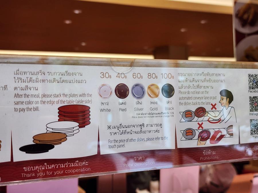 In-store sign showing Sushiro plate colours priced from ฿30 to ฿100.