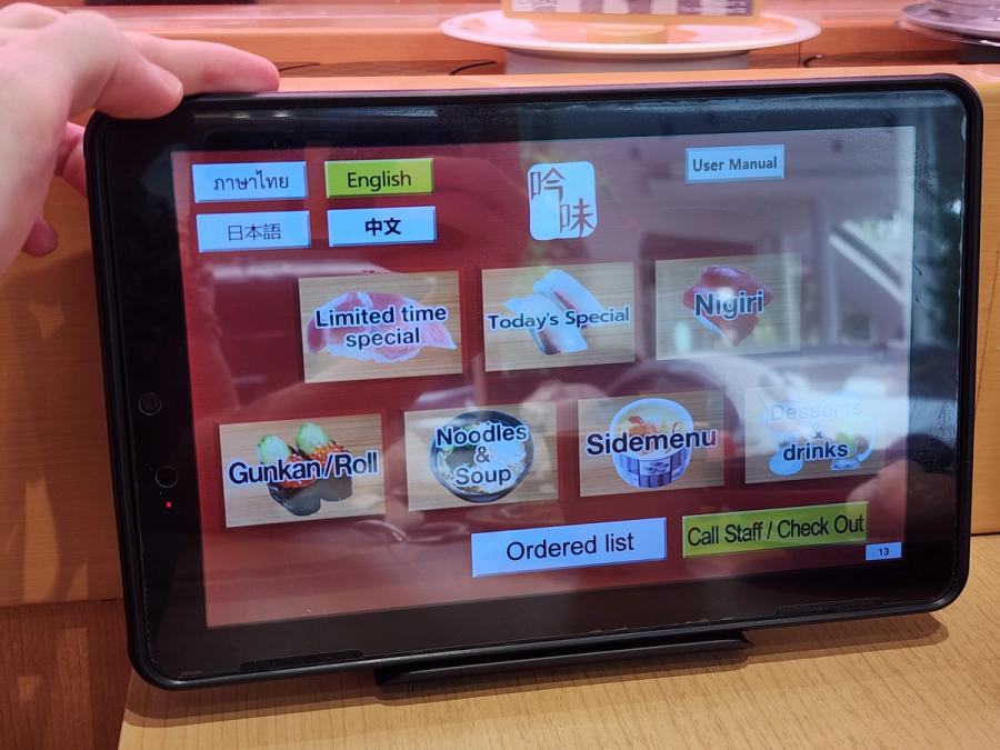 Table iPad at Sushiro showing the ordering menu in English.