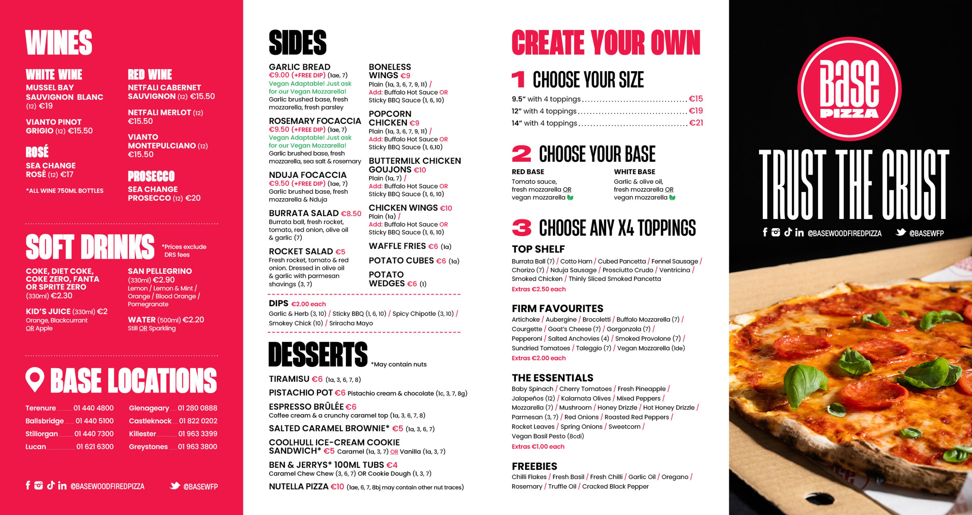 Front of the printed Base menu