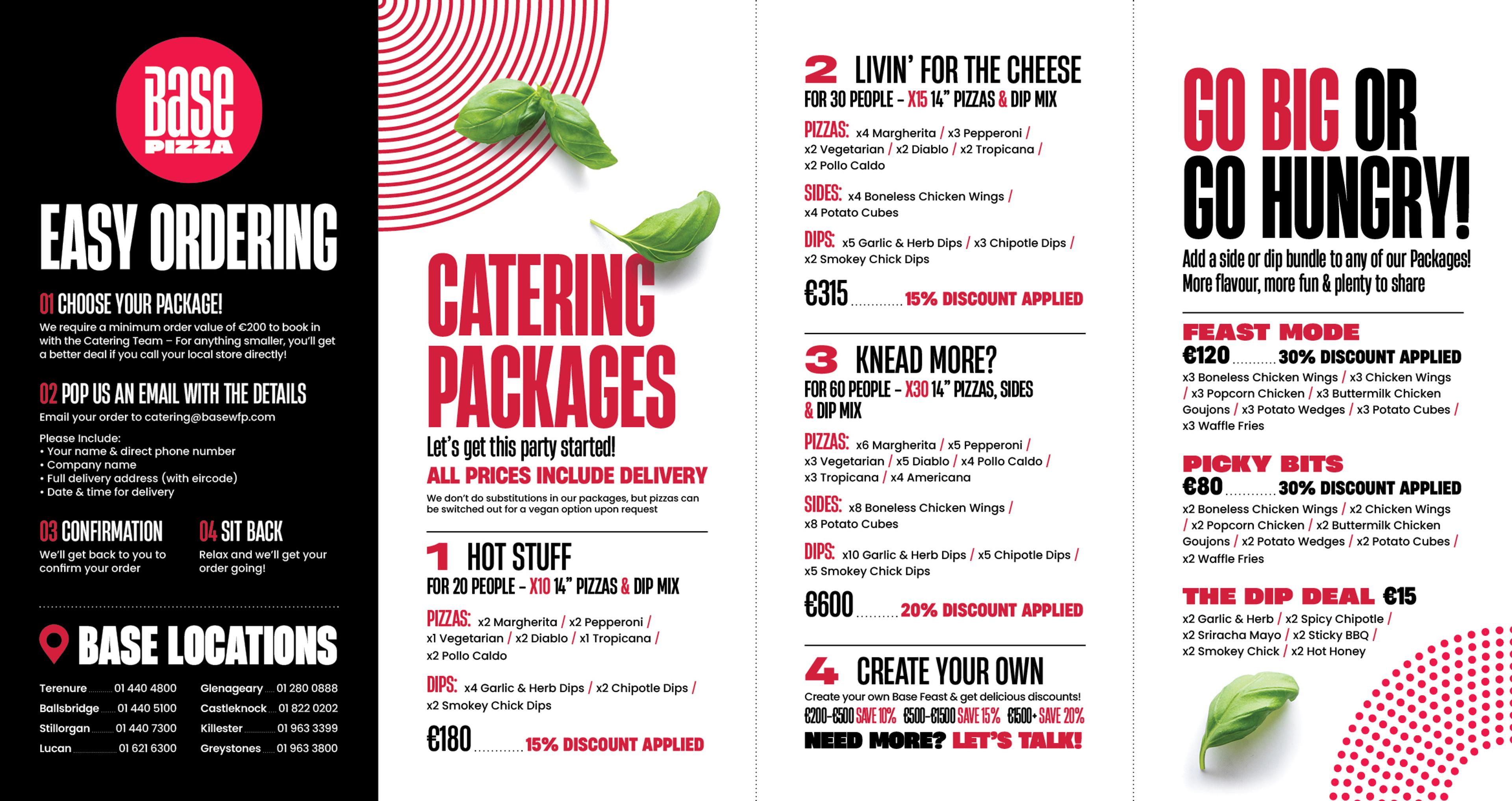 Front of the printed Base catering packages flyer