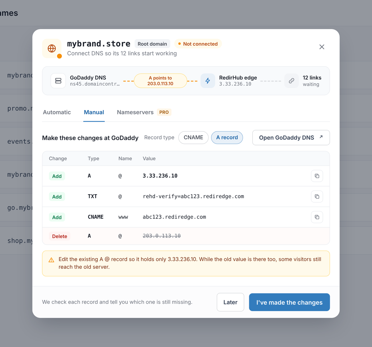 RedirHub Connect DNS, Manual tab with A record selected: add A @ 3.33.236.10, TXT @ rehd-verify value and CNAME www, and replace the old A record
