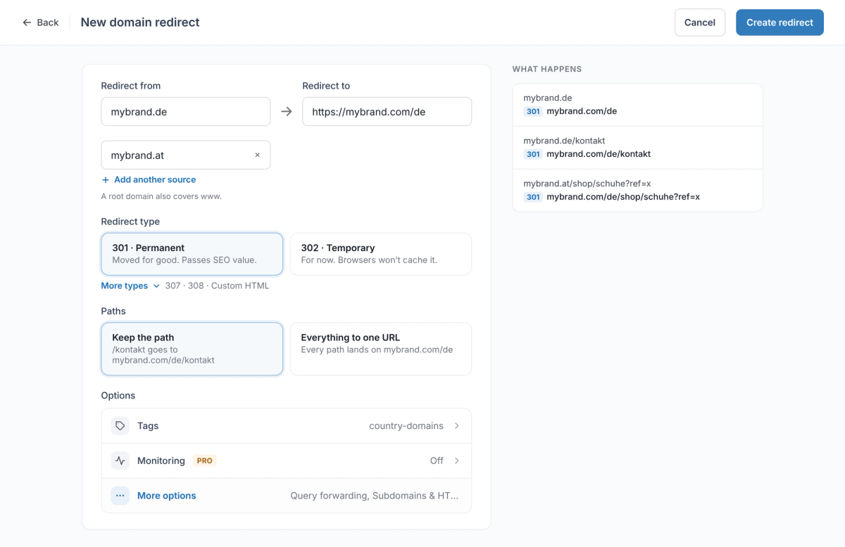 RedirHub New domain redirect screen: Redirect from mybrand.de and mybrand.at, Redirect to https://mybrand.com/de, 301 · Permanent and Keep the path selected, with What happens previews
