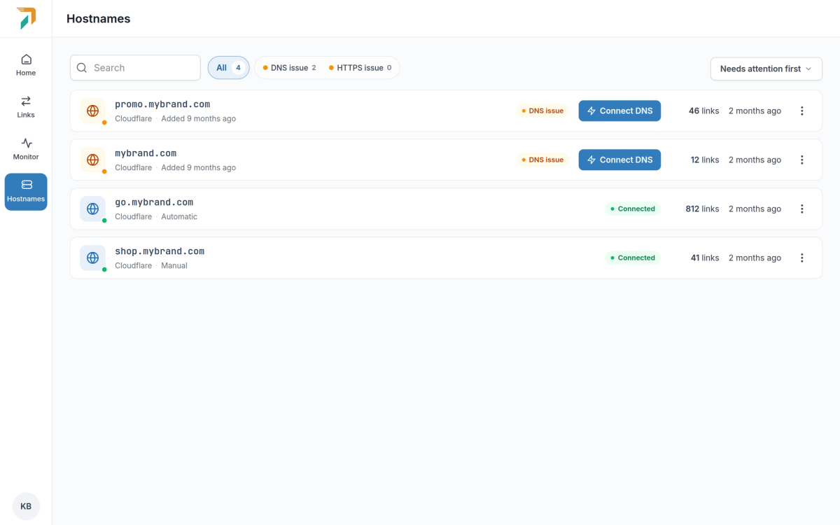The Hostnames list with a Connect DNS button on each hostname that doesn’t point to RedirHub yet