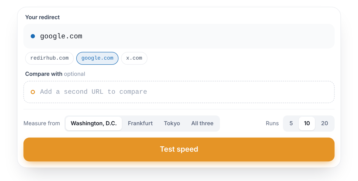 RedirHub redirect speed test form with a URL field, an optional second URL to compare, region choices Washington DC, Frankfurt, Tokyo or All three, number of runs and a Test speed button