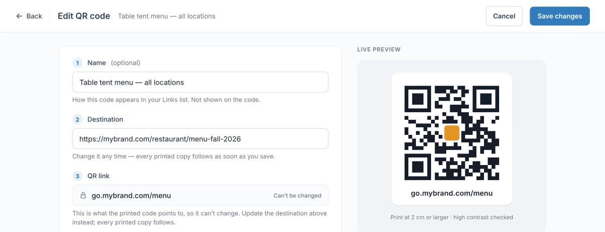 RedirHub Edit QR code screen: Destination https://mybrand.com/restaurant/menu-fall-2026, QR link go.mybrand.com/menu locked as Can't be changed, and a live preview of the QR code