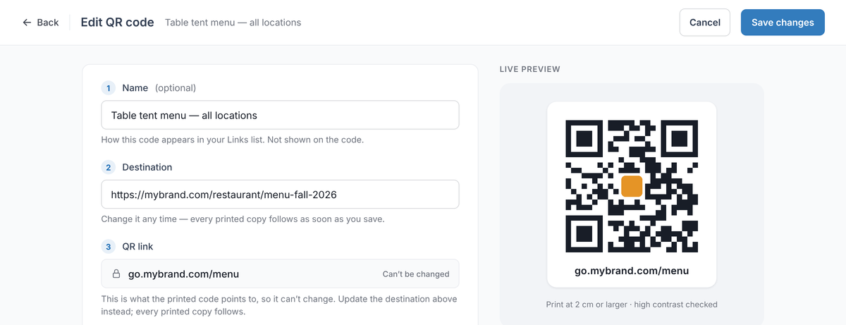 RedirHub Edit QR code screen: Destination https://mybrand.com/restaurant/menu-fall-2026, QR link go.mybrand.com/menu locked as Can't be changed, and a live preview of the QR code