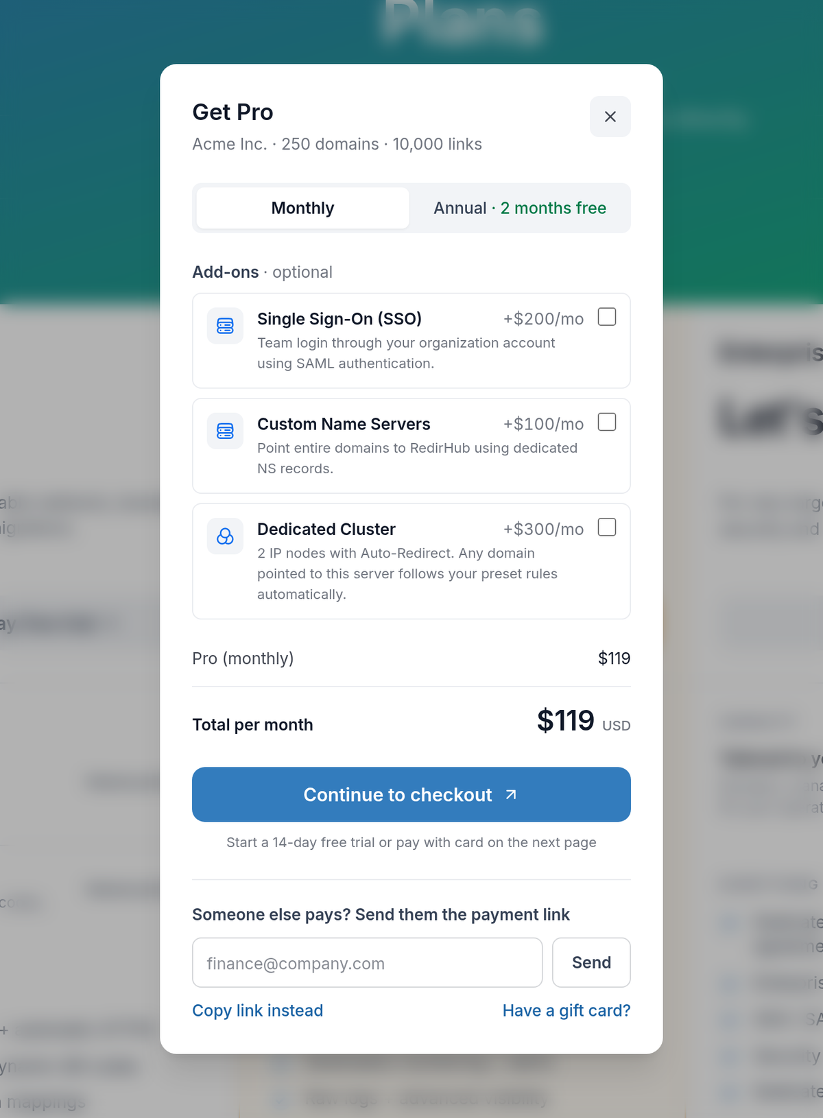 Get Pro window for Acme Inc. with a Monthly and Annual switch, optional add-on cards, the total, a Continue to checkout button and a form to send the payment link