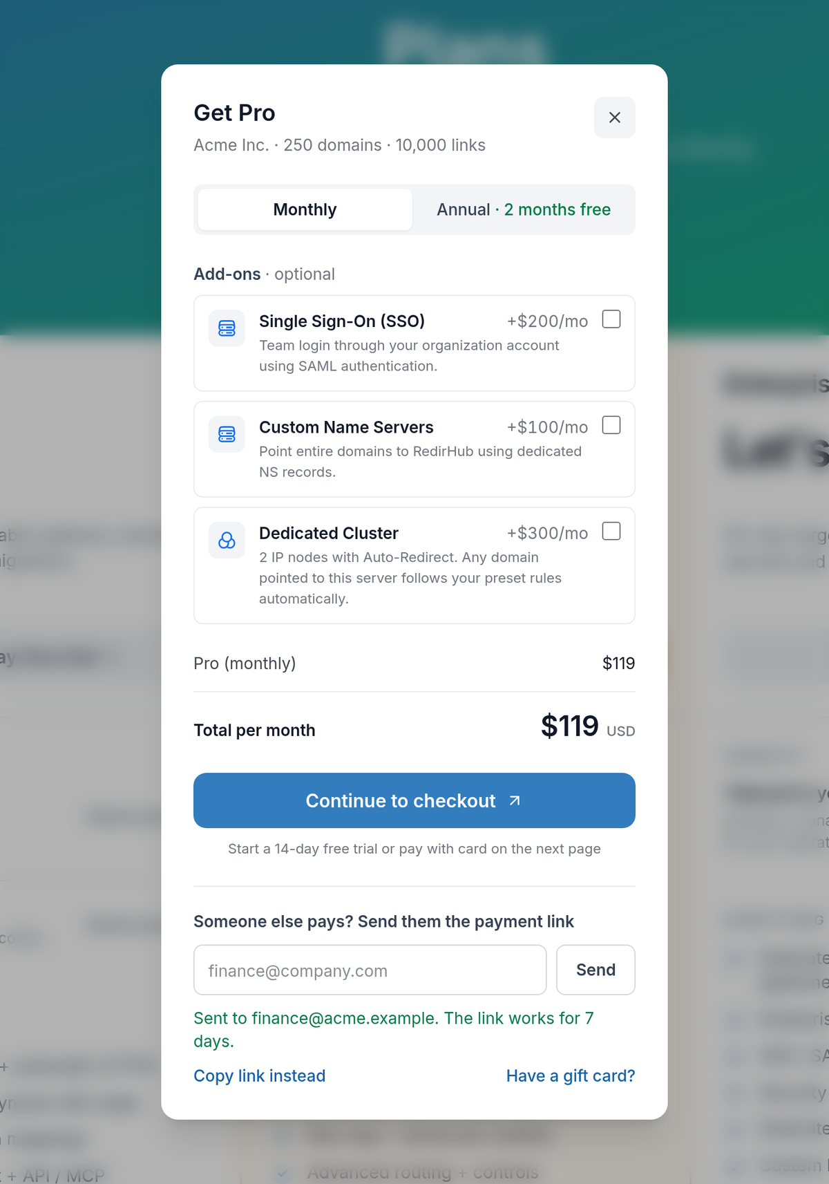 Plan dialog on the pricing page with the payment link sent to the finance team