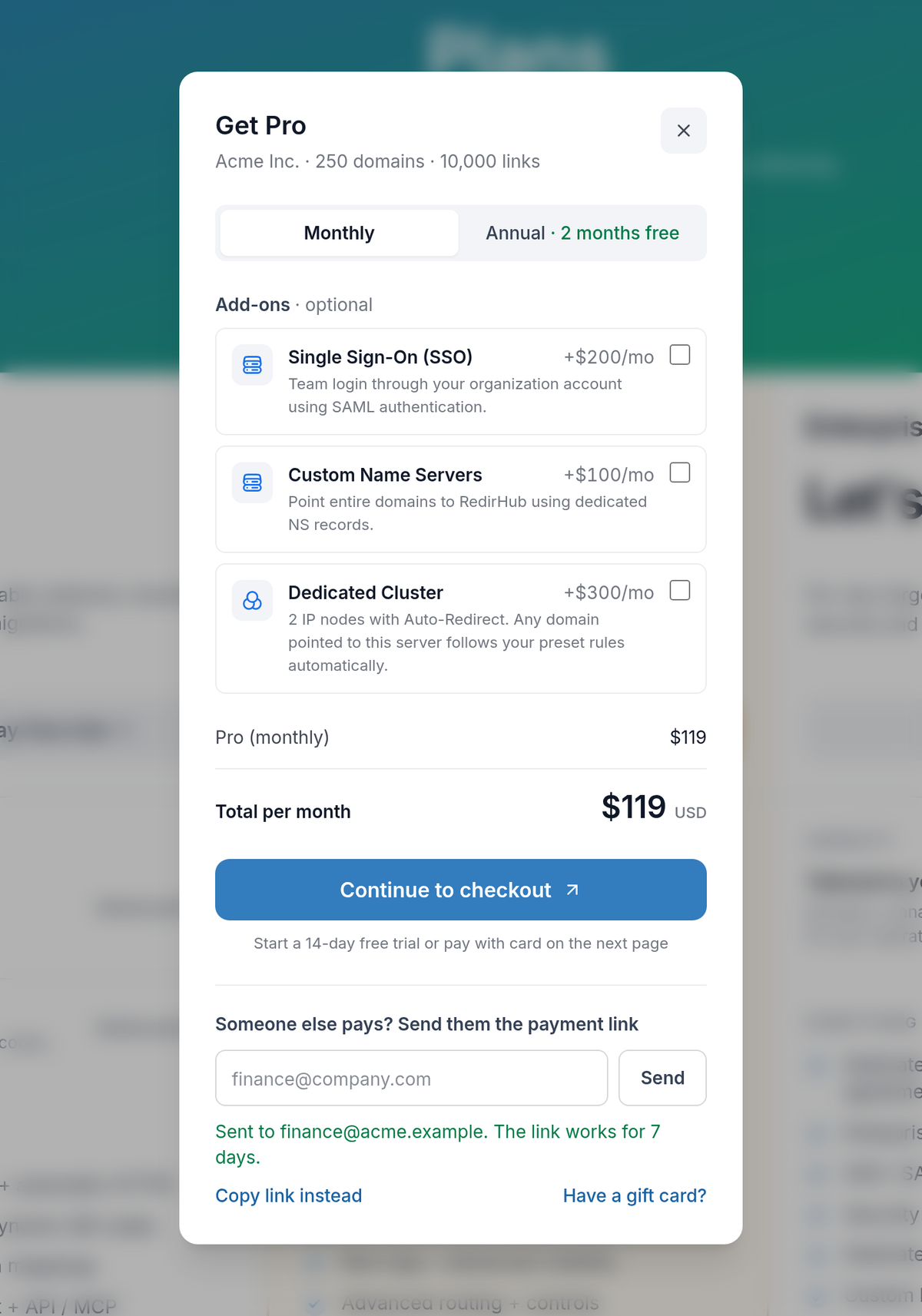 Plan dialog on the pricing page with the payment link sent to the finance team